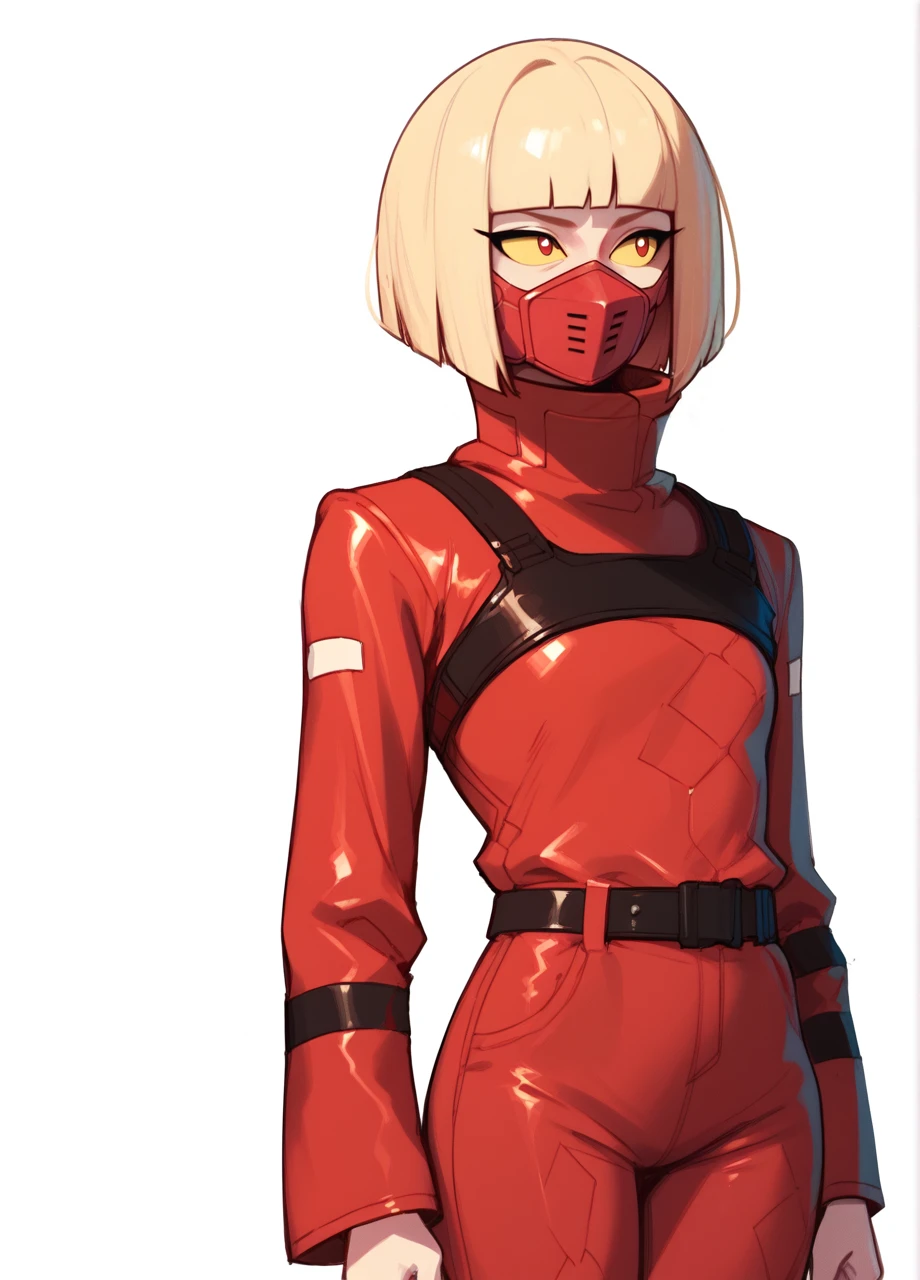 1girl, solo, cowboy shot, white background, cpkiwi, blonde hair, bob cut, blunt bangs, yellow sclera, high collar, long sleeves, red pupils, mouth mask, black belt, pants, leather <lora:CPER_Kiwi-PONY:0.9>, score_8_up, score_7_up, score_6_up, score_5_up