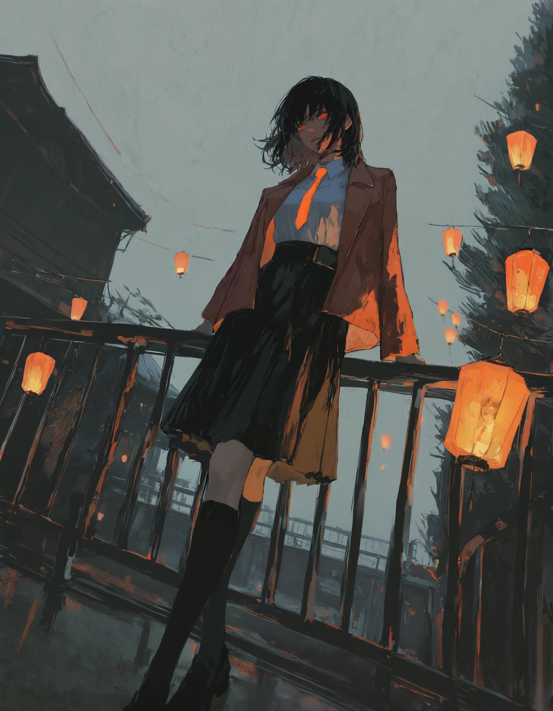 masterpiece, best quality, aesthetic, absurdres, newest, <lora:69yottea_illu_v2:1>,69yottea_illu, yoru \(chainsaw man\), 1girl, skirt, black hair, lantern, solo, railing, jacket, socks, short hair, black skirt, shirt,  kneehighs, orange necktie, white shirt,white_sky,dark_theme,