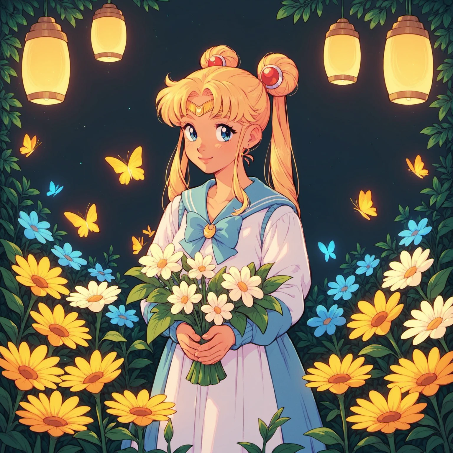 score_9, score_8_up, score_7_up, woman, flowers, dress, butterflies, hanging lanterns, night, garden, sailor moon <lora:flower_woman_01_resized:0.6>