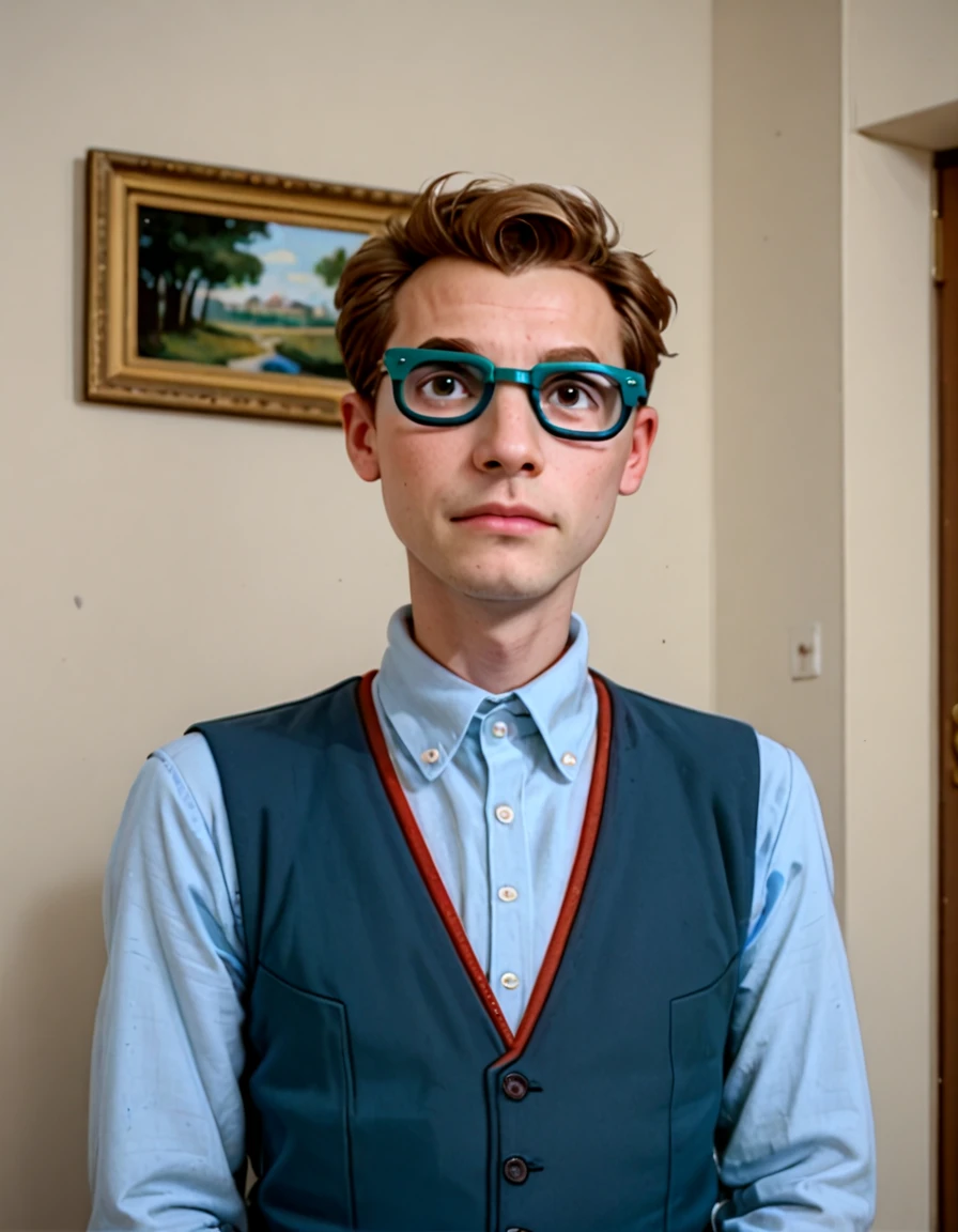 photoreal, photo, photograph,  <lora:Dru_Pickles_PONY:0.9> 1boy, dru_pickles, solo, male focus, brown hair, short hair, blue-framed eyewear, vest, blue vest,  long sleeves, collared shirt, white shirt, pants, blue pants, shoes, portrait, looking at view,, source_cartoon, score_9, score_8_up, score_7_up, score_6_up, score_5_up, score_4_up,