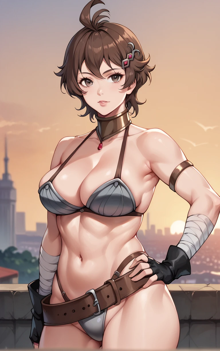 score_9, score_8_up, score_7_up, BREAK 
MainOutfit_Vierra_ownwaifu, 
1girl, brown eyes, brown hair, short hair, large breasts, antenna hair, bangs, toned, lips, thighs, 
bikini armor, gem, hair ornament, hairclip, neck ring, cleavage, bare shoulders, navel, fingerless gloves, swimsuit, black gloves, belt, jewelry, armlet, choker, bandages, collarbone, bandaged arm, sheath, brown belt, necklace, gloves, midriff, obliques, buckle, highleg, armband, belt buckle, highleg bikini, metal collar
 (contrapposto, hand on hip), sunset, sidelighting, cityscape, vanishing point, outdoors, <lora:PONYXL_MushokuTensei_Vierra_ownwaifu:1> , depth of field, solo,