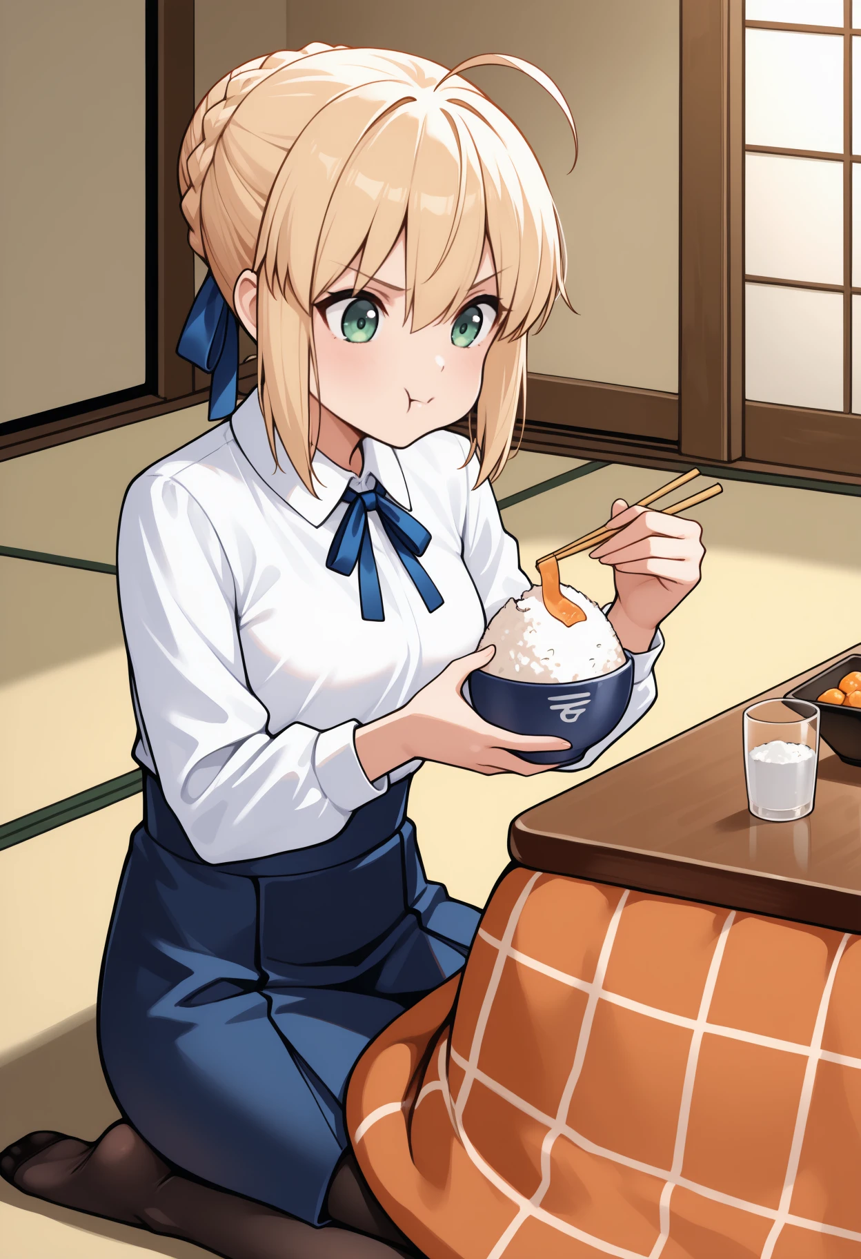 masterpiece, best quality, solo, 1girl, sbrcasual, eating, :t, looking at food, on floor, seiza, holding bowl, rice bowl, holding chopsticks, short hair, blonde hair, ahoge, sidelocks, hair between eyes, french braid, braided bun, single hair bun, hair ribbon, blue ribbon, green eyes, white shirt, collared shirt, neck ribbon, long sleeves, blue skirt, high-waist skirt, black pantyhose, indoors, tatami, kotatsu, cup, glass
<segment:yolo-Anzhc Face seg 640 v2 y8n.pt,0.4,0.5//cid=1>