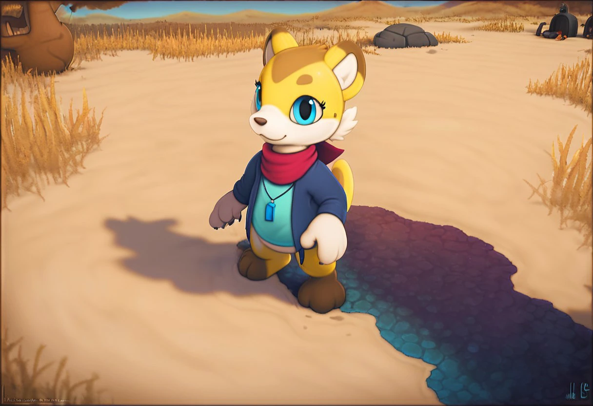 score_9_up, score_8_up, score_7_up, solo focus, full body, dynamic angle, hazel, female, smilodon, yellow skin, blue eyes, furry, 4 fingers, 3 toes, red scarf, necklace, dark blue jacket, blue t-shirt, source_furry, anatomically correct, outside, at a graveyard, tombstones,<lora:lowlight:.4>, day, desert, <lora:Style-Lora_Vader-san:0.60>, \(Vader-san\), oytv