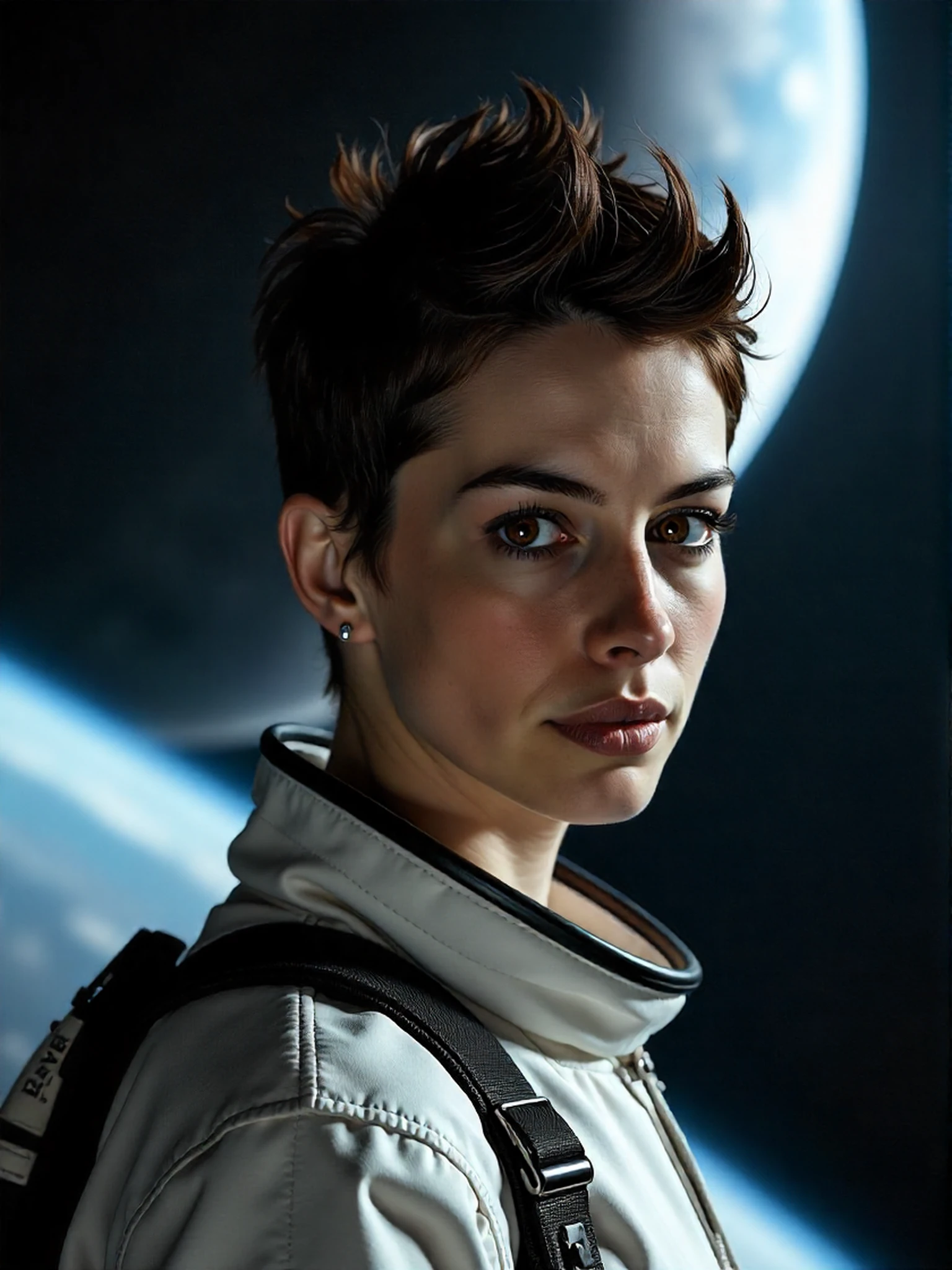 <lora:Anne_Hathaway_2010:1> woman, extremely short dark spiked hair, space walk, space suit, floating in space, a massive black hole is in the background, looking directly at the viewer, looking directly at the camera, making eye contact, looking straight ahead, modest clothes, modest apparel, chest covered, modesty <lora:zz_s_Chest_Size_Slider:-2>