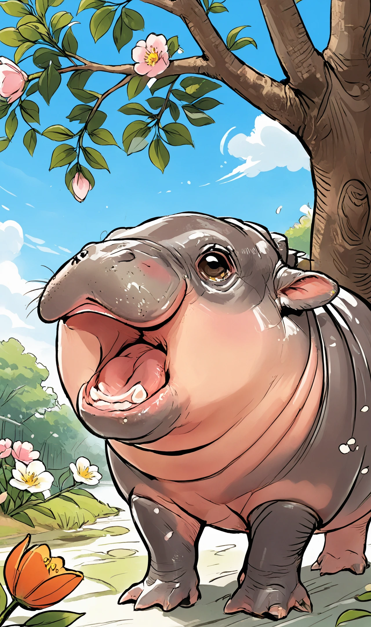 novel illustration,  lineart, cartoon, flat cartoon, 
<lora:SDXL_BTT_MOODENG_v01:1.0>moodeng, chibi, (no human:1.2), animal, hippo, solo,  side view, looking at viewer,   (open mouth:1.4), face focus, cute,
cloudy sky, morning light, tree,  sukura, sukura tree, flowers, hair flower, petals, 
<lora:LCMTurboMix_Euler_A_fix:1>