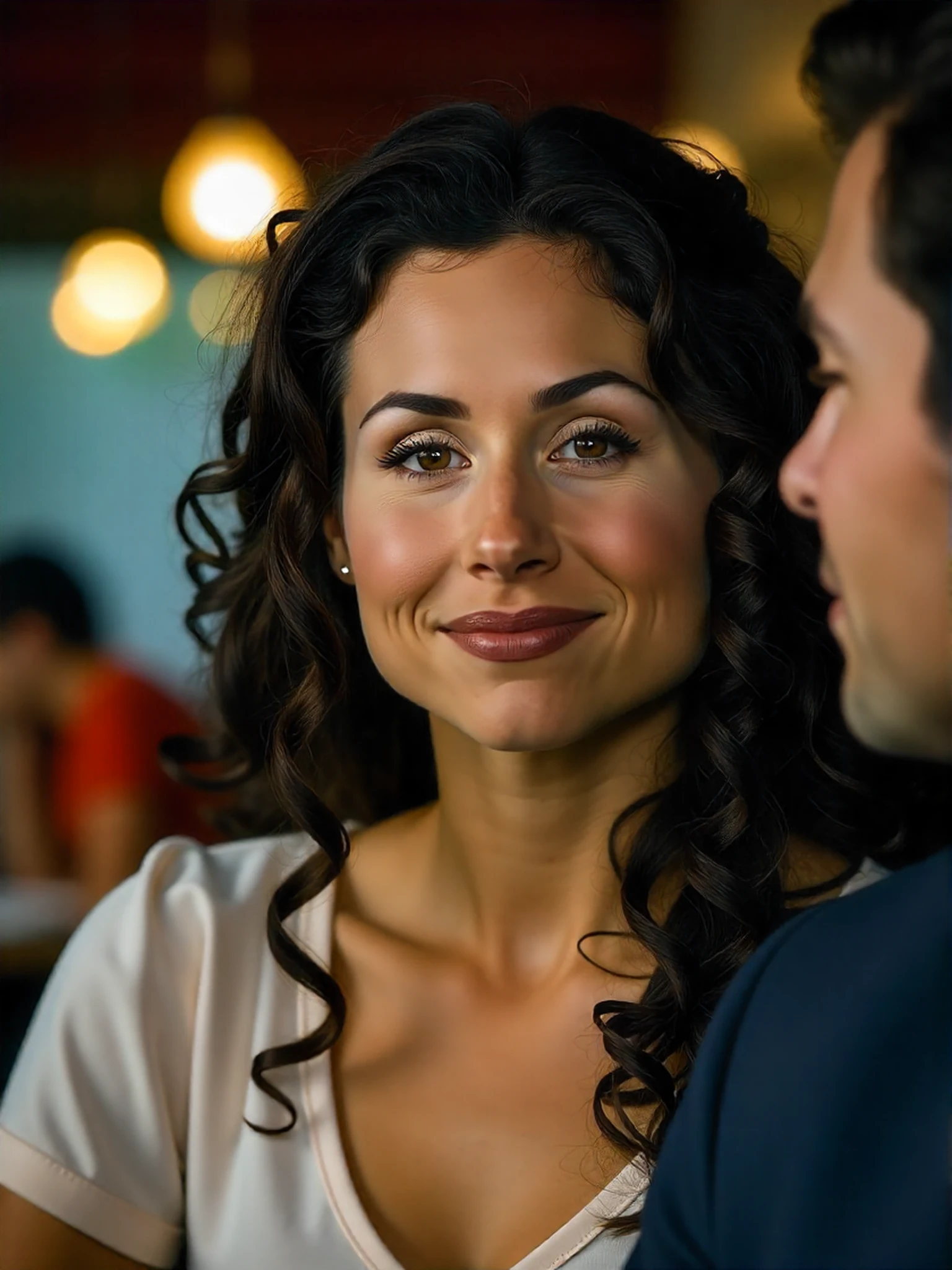 <lora:Minnie_Driver:1.1> woman, long dark curly hair, extreme close-up, zoomed, focus on face, centered, macro shot, face centered, focus on eyes, looking directly at the viewer, looking directly at the camera, making eye contact, looking straight ahead, modest clothes, modest apparel, chest covered, modesty <lora:zz_s_Chest_Size_Slider:-2>, a realistic photo of woman on a date, restaurant scene, eating and drinking, smiling, with 1man, romantic atmosphere, artificial lighting, 8k resolution, diffused lighting, realistic shadows, detailed skin.