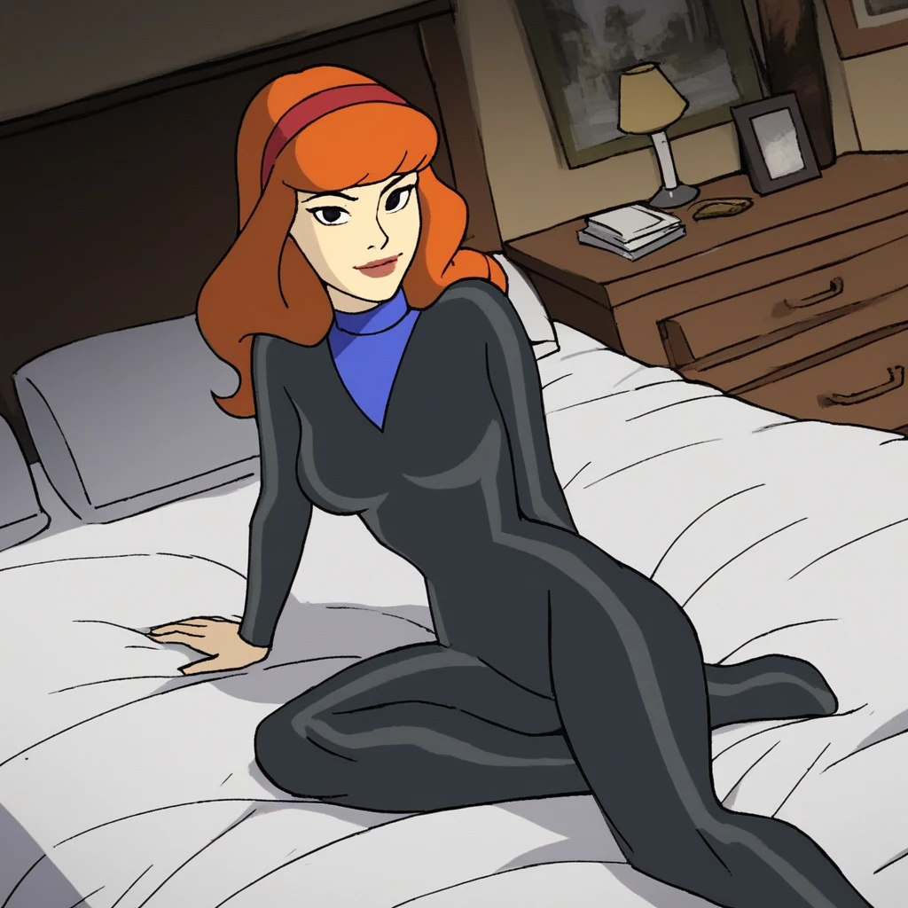 score_9, score_8_up, score_7_up, score_6_up, BREAK, bedroom, h4ll0d4ph, black bodysuit, hairband, 1girl, solo, sitting on bed, looking at viewer, dutch angle, <lora:h4ll0d4phV1:1>