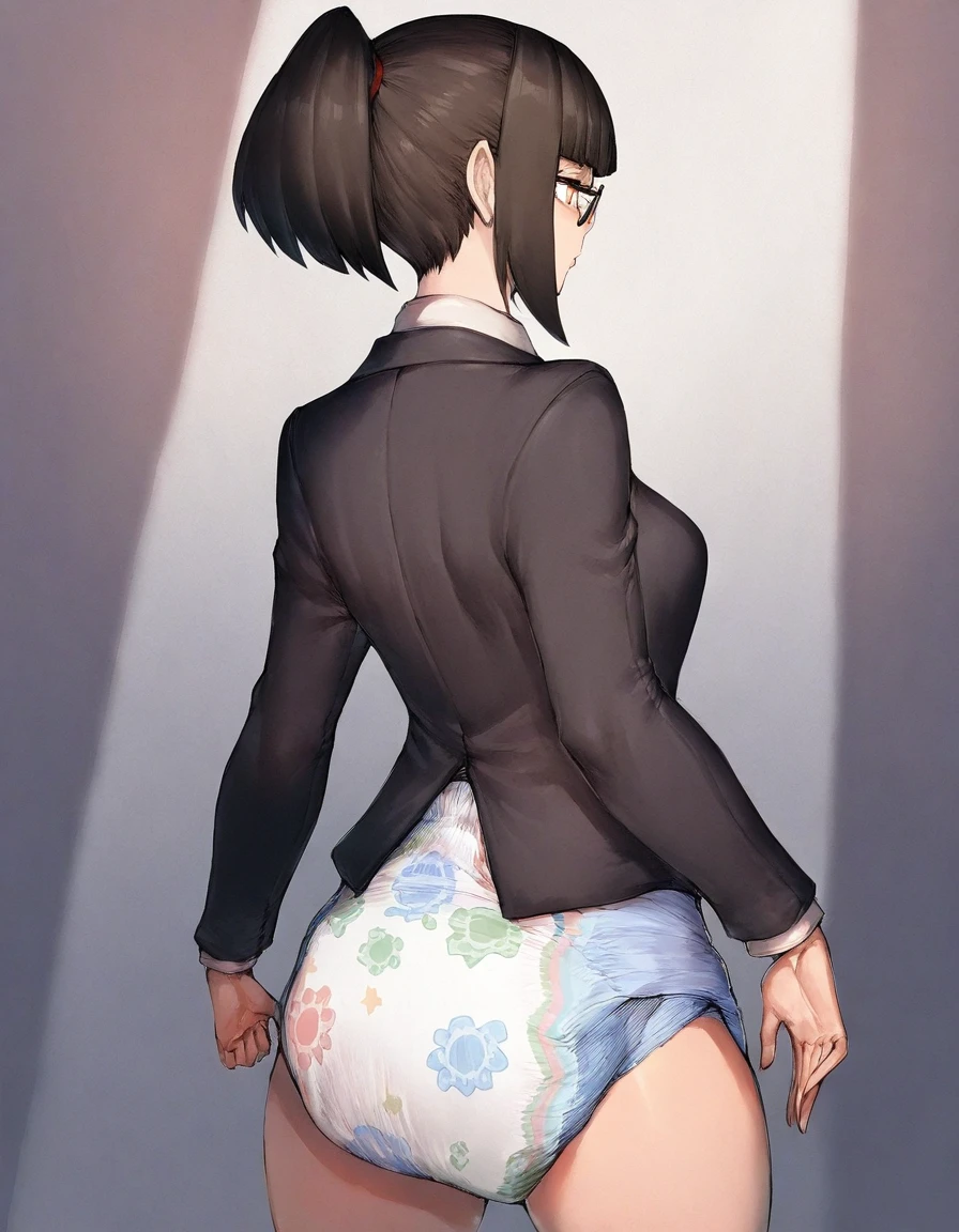 masterpiece, best quality, newest, 1girl, (diaper:1.2), facing-away, (fumio rsqkr:0.75), blazer, short-hair, small-breasts, spotlight, glasses, flower, ponytail, arms-at-sides, hair-spread-out