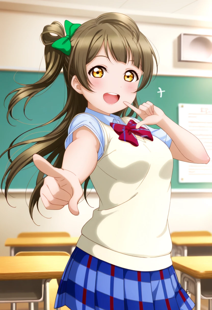 masterpiece, best quality, 1girl, solo, cowboy shot, <lora:ill_lv_kotori:1>, lovelive_kotori, cowboy shot, pointing at you, sweater vest, short sleeves, blue plaid skirt, red bowtie, breasts, grayish brown hair, green hair bow, bangs, one side up, long hair, amber eyes, looking at viewer, laughing, dynamic pose, classroom