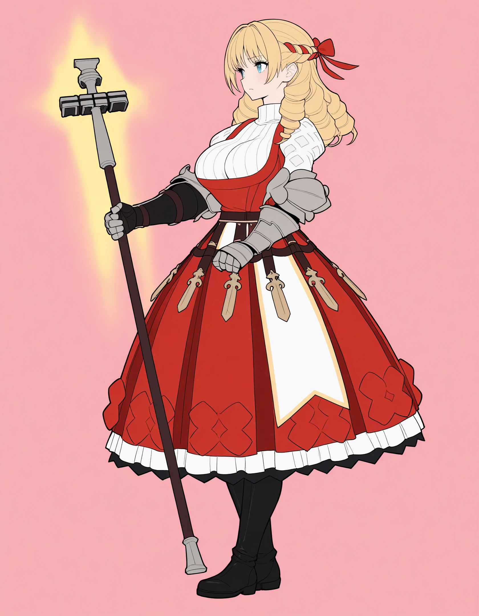 masterpiece, best quality, high resolution, absurdres, newest,1girl,solo,kubo tite  \(style\), explicit,(flat color:1.2),
looking away,
<lora:Scarlett_ill:1>,
sclt,blonde hair,drill hair,blue eyes,red bow,red dress,white sweater,turtleneck,gauntlets,armored boots,large breasts,
weapon,holding weapon,staff,holding a weapon, 
standing,
gold light aura,wavy hair, wavy dress,
simple background, pink background,  <lora:AntiglazeSerum_rev5:0.7>,