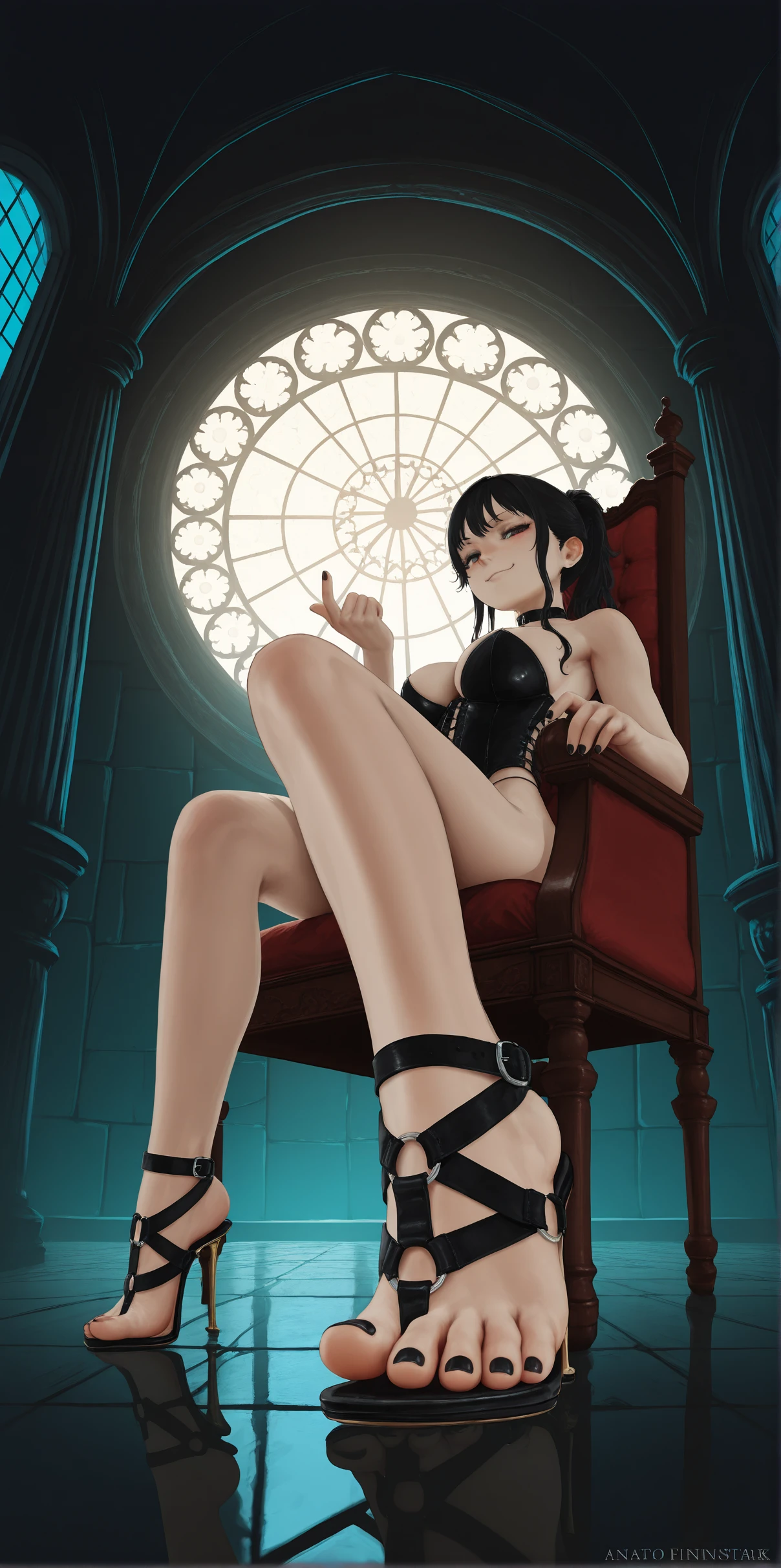 masterpiece, best quality,
by anato finnstark, realistic,
low angle, from side, wide angle, fisheye lens, foreshortening, foot focus, 
(1girl), 
dominatrix, 
black toenail polish,
(ï»¿bth0ng heels), perfect feet,
black hair, goth,
petite, skinny, large breasts,
sitting on throne, dungeon, beckoning, 
smug,