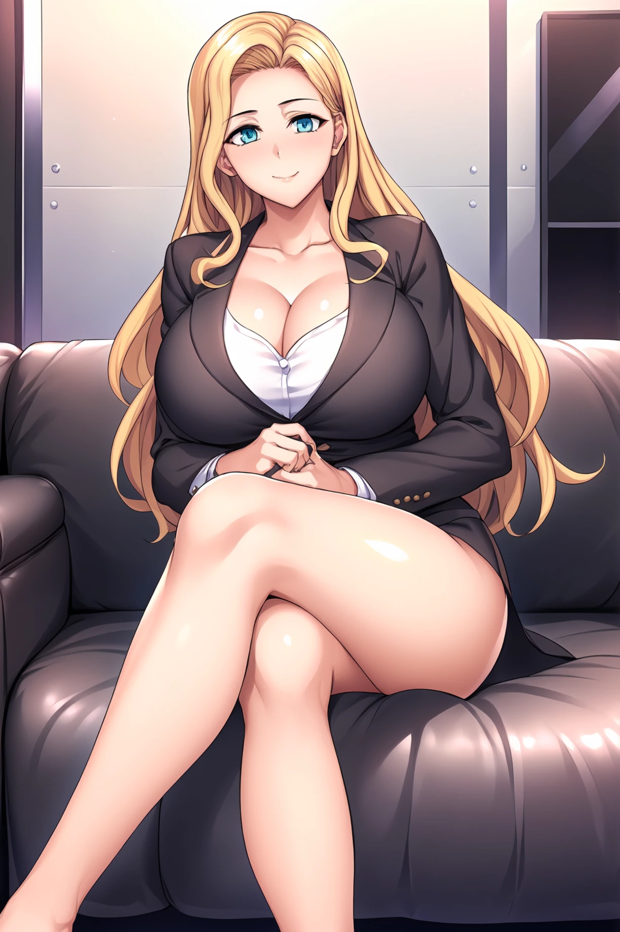 Office, office lady, Sitting on couch,
dynamic pose,Sitting at attention,
Black Jacket, business suit, collarbone, cleavage, long sleeves, 
<lora:Aoki_Milf_SaiminSeishidou-KK77-V3:0.7>, aoki_milf_saiminseishidou,
blue eyes, blonde hair,bangs,Long hair,Makeup, red lipstick,
<lora:more_details:0.1>,<lora:NovelAI_YesMix5_KKStyle-KK77-Yes5-V1:0.3>,<lora:Oda_Non_Style2-KK77-Yes5-V1:0.3>,
1 girl, 20yo,Young female,Beautiful long legs,Beautiful body,
Beautiful Nose,Beautiful character design, perfect eyes, perfect face,expressive eyes,perfect balance,
looking at viewer,(Focus on her face),closed mouth, (innocent_big_eyes:1.0),
official art,extremely detailed CG unity 8k wallpaper, perfect lighting,Colorful, Bright_Front_face_Lighting,White skin,
(masterpiece:1.0),(best_quality:1.0), ultra high res,4K,ultra-detailed,
photography, 8K, HDR, highres, absurdres:1.2, Kodak portra 400, film grain, blurry background, bokeh:1.2, lens flare, (vibrant_color:1.2),professional photograph,
(Beautiful,large_Breasts:1.4), (beautiful_face:1.5),(narrow_waist),