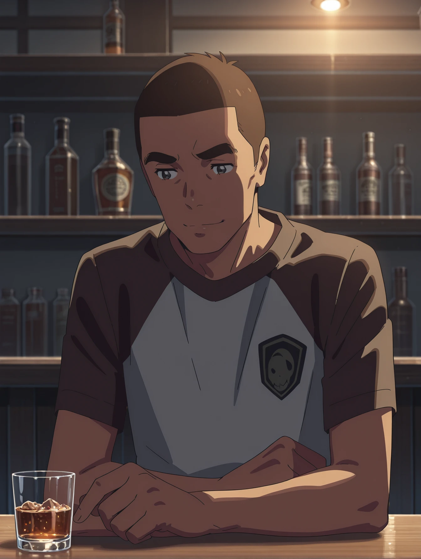 <lora:your-name-illustrious-000010:1> 1boy, male focus, katsuhiko, thick eyebrows, raglan sleeves, light smile, bar, shot glass
masterpiece, best quality, cinematic lighting