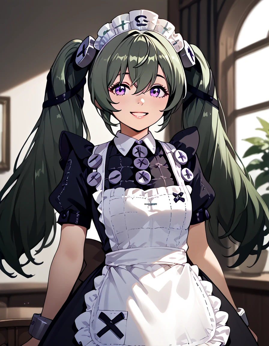 score_9, score_8_up, score_7_up, score_6_up, score_5_up, score_4_up, source_anime   <lora:ZenlessZoneZero:1>, portrait, smile,  corinwickes, purple eyes, green hair, long hair, twintails, maid, maid headdress, black dress, apron, chain, puffy short sleeves, short sleeves,