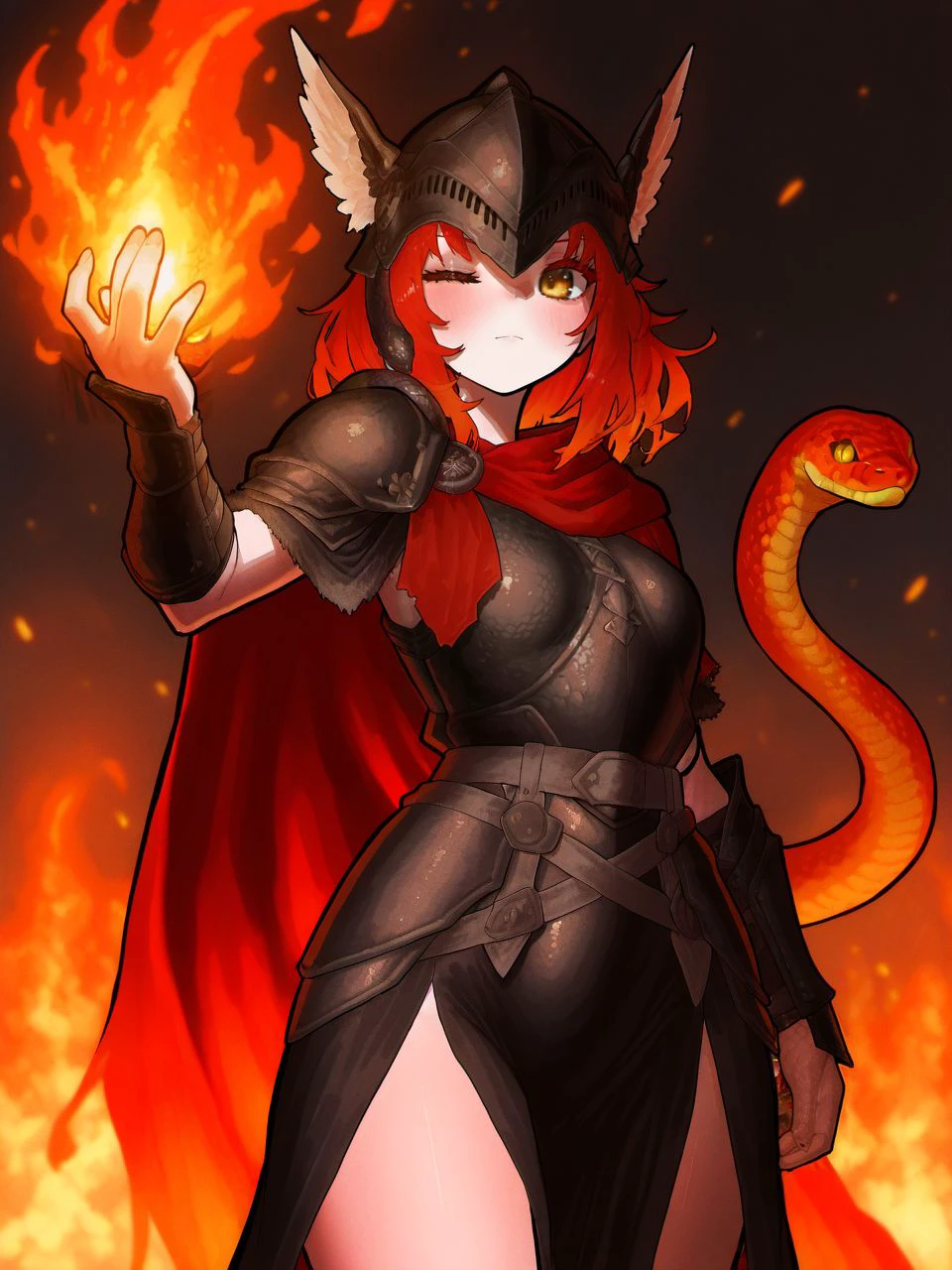 masterpiece, best quality, amazing quality, very aesthetic, high resolution,
ekrea jan style, 1girl, red hair, one eye closed, helmet, solo, red cape, fire, closed mouth, armor, looking at viewer, yellow eyes, cape, hand up, medium hair, snake, jewelry, cowboy shot, winged helmet, cloak,
<lora:ekrea_jan_style_v2_epoch_7:0.9>,