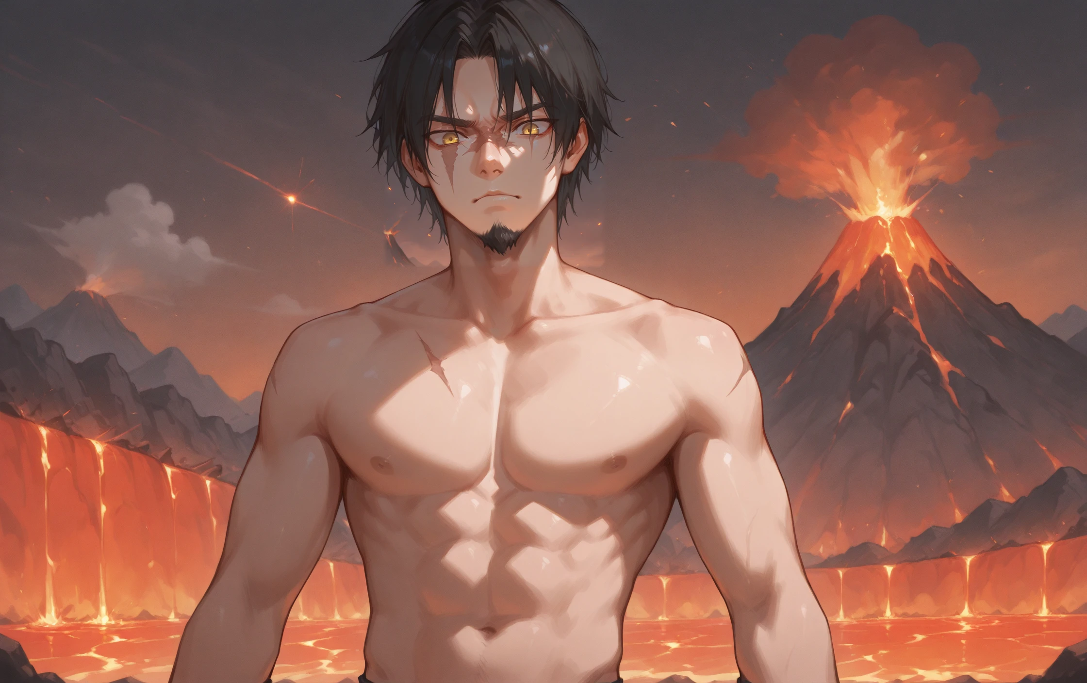 anime coloring, subsurface scattering, realistic shading, intricately detailed illustration, depth of field, masterpiece, best quality, amazing quality, very aesthetic, absurdres, newest, BREAK
 <lora:Rey_Spartan_My_OC_for_illustrious:0.8> r3y, solo, 1boy, black hair, goatee, yellow eyes, scar,
topless male, implant, frown, from below, looking down, outside, volcano, lava,