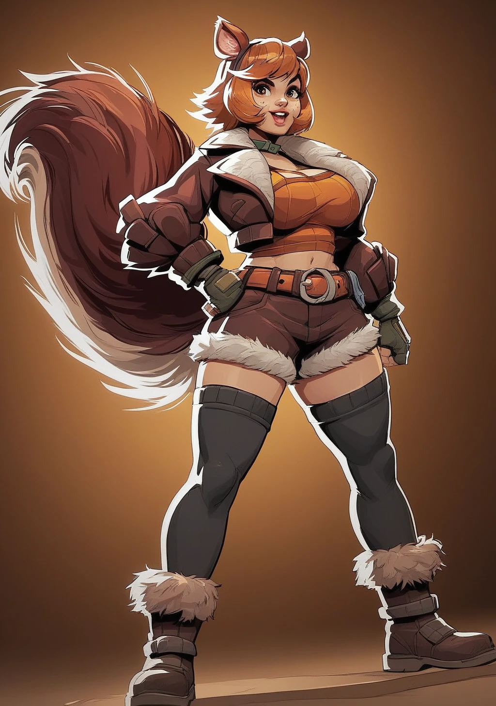 score_9, score_8_up, score_7_up, score_6_up, score_5_up, score_4_up, masterpiece, high quality, BREAK, full body, BREAK, 1girl,  <lora:Squirrel_Girl_Marvel_Rivals_PonyXL:0.8> squirrel girl, squirrel tail, squirrel ears, brown hair, brown jacket, animal ears, black stockings, brown boots, fur boots, brown top, crop top,