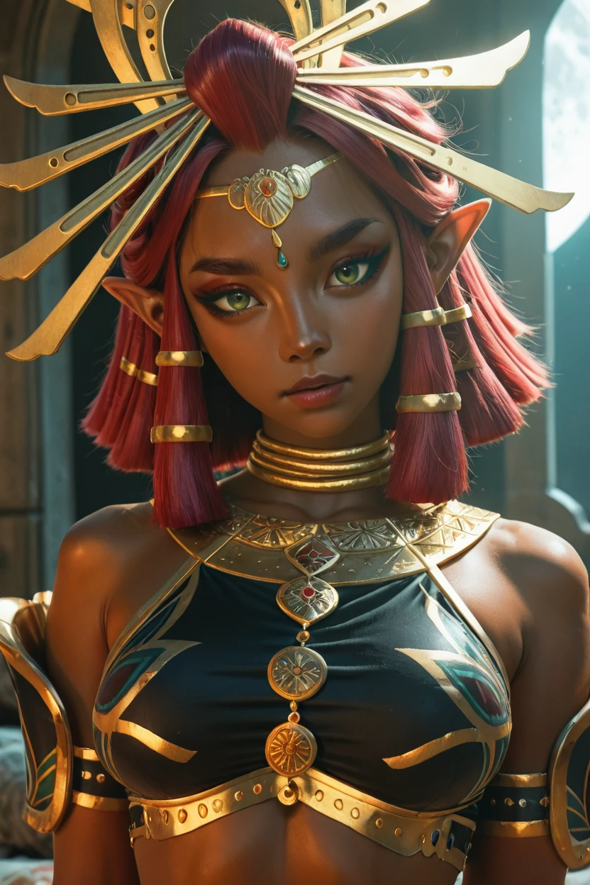 masterpiece, best quality, amazing quality, realistic, 21 year old model, medium breasts,   upper body, (detailed eyes, soft lips, soft skin), head tilt, romantic serious expression, zzRiju, green eyes, red hair, pointy ears, dark skin, hair tubes, midriff, crop top, headpiece,  at night, dark fantasy, highly detailed, film grain, rim lighting looking at the viewer, curvy, beautiful detailed face, beautiful green eyes, long pink hair, skin pores,  ,<lora:RijuTotK_IXL_v3:0.8>,