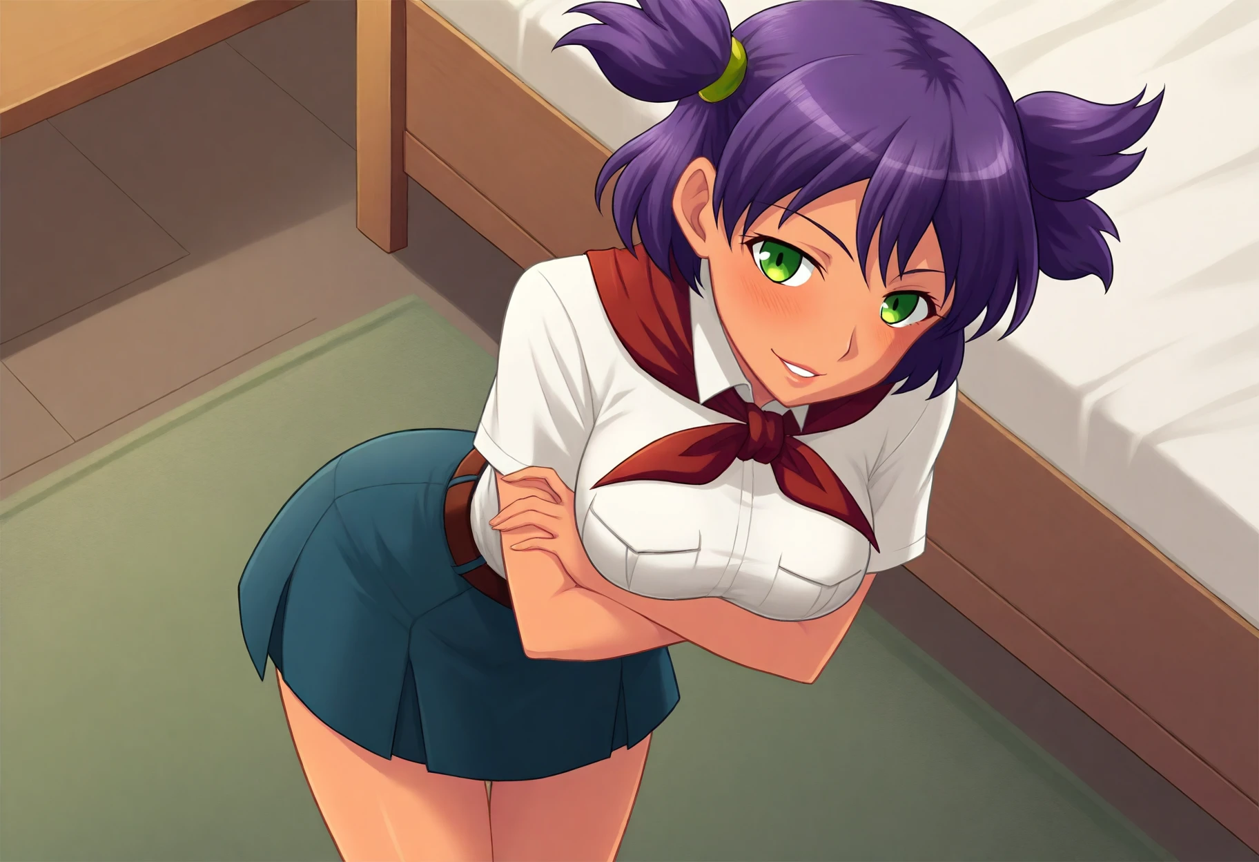 <lora:UnylIll++cWr-000009:1>
UnylIll, two side up, 1girl, green eyes, purple hair, short hair, hair tie, (dark-skinned female:0.1), medium breasts,  
pioneer neckerchief, pleated skirt, pioneer movement, breast pocket, red neckerchief, white shirt, blue skirt, brown belt, short sleeves,
leaning forward, bent over, arms under breasts, parted lips, seductive smile, blush,
indoors, from above, bed, green carpet, looking at viewer, facing viewer, dutch angle, isometric, 
(perfect quality, best quality, masterpiece, absurdres, newest)