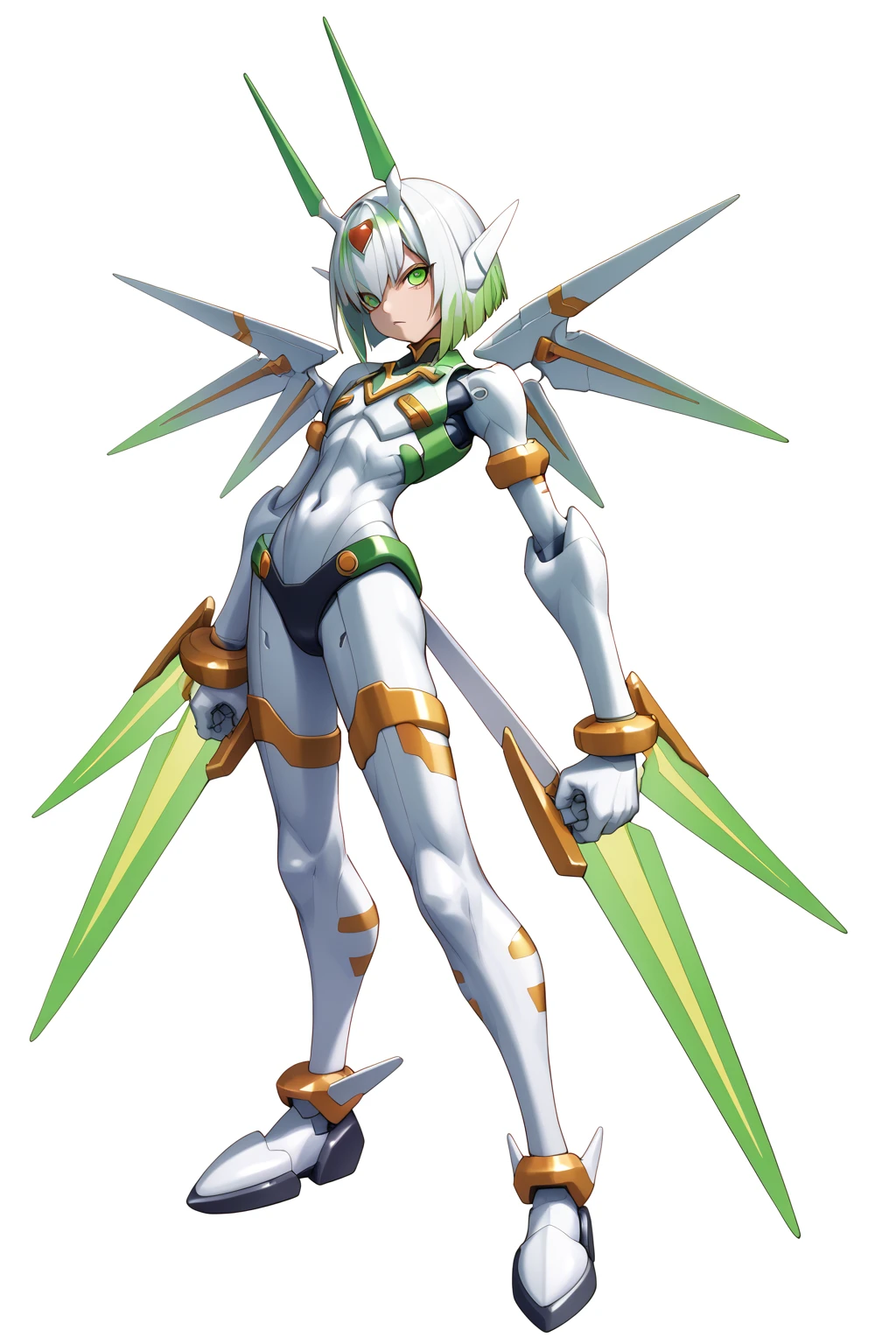 the full-body character design of an anime futuristic, humanoid robot,

The character stands in a dynamic pose, with one leg forward and arms slightly bent, suggesting readiness for action. The design features a sleek, armored body with a predominantly metallic grey hue, accentuated by vibrant green highlights. The head is angular, with a sharp, almost insect-like appearance, and adorned with a pair of green, pointed, horn-like protrusions. The eyes are large and expressive, with a sharp, almost menacing gaze. The chest and shoulders are adorned with intricate, geometric patterns, adding to the futuristic aesthetic. The character's limbs are articulated with a high degree of movement, allowing for a wide range of poses and actions. The feet are equipped with sharp, blade-like extensions, adding to the character's aggressive stance.

simple background, white background,