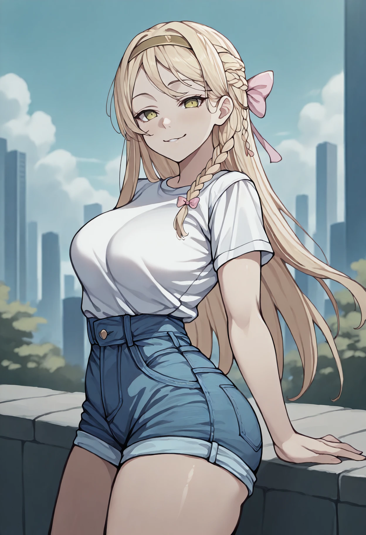 masterpiece, best quality, 1girl, solo, KlaudiaValentz, long hair, side braid, hairband, hair bow, white bow, pink bow, t-shirt, white short, denim shorts, high-waist shorts, thighs, three quarter view, looking at viewer, seductive smile, outdoors, city, <lora:ChamKlaudiaValentzIllustriousXL:1>