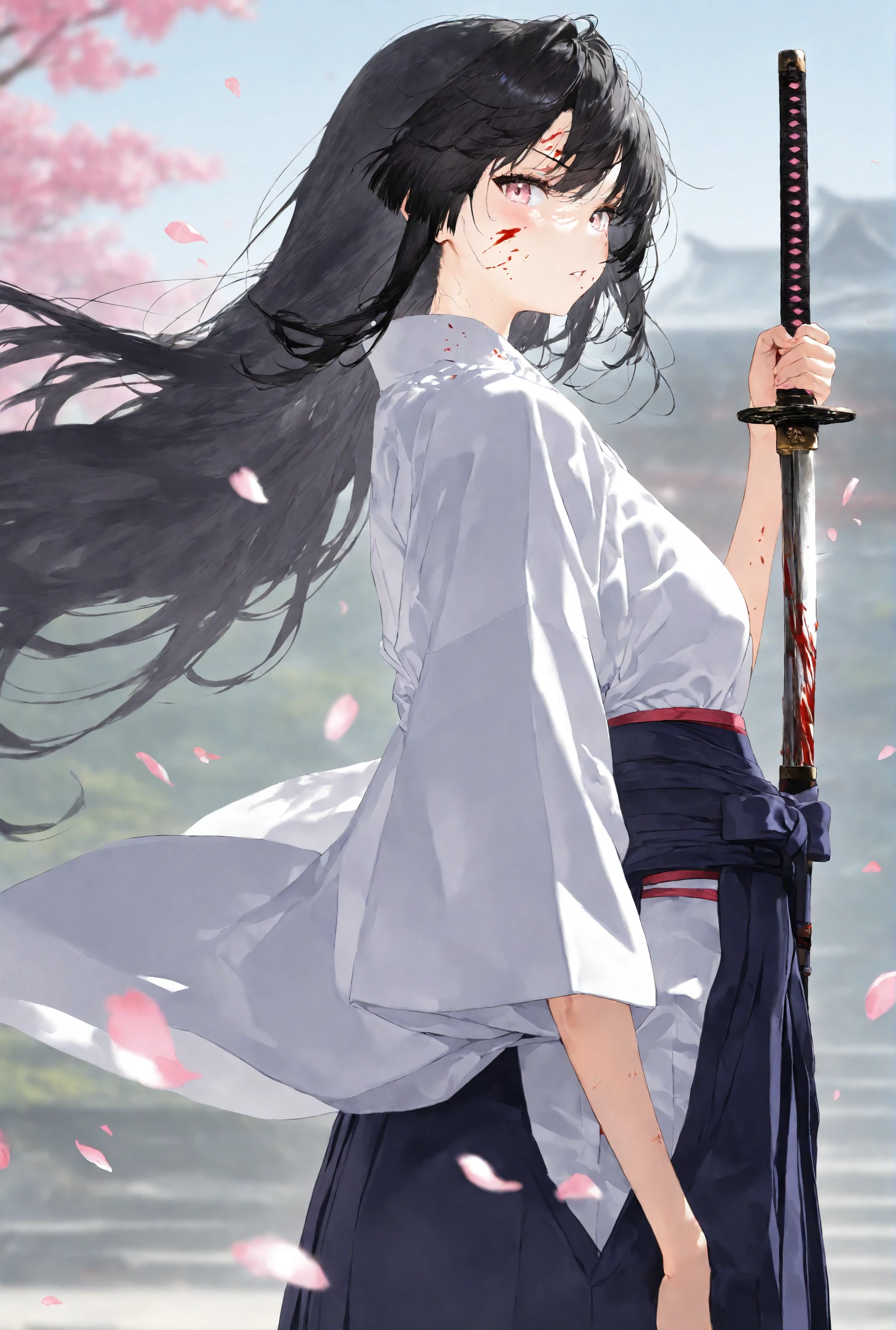 masterpiece,best quality,amazing quality,very aesthetic,absurdres,newest,<lora:gyå¨æ¼«noob1.0-000140:0.7>,
newest,year 2023,
1girl,black hair,virtual youtuber,weapon,sword,solo,japanese clothes,long hair,blood,holding,holding weapon,holding sword,pink eyes,blood on face,looking at viewer,hakama,bangs,katana,kimono,petals,hakama skirt,blurry,outdoors,flower,blurry background,floating hair,serious,parted lips,