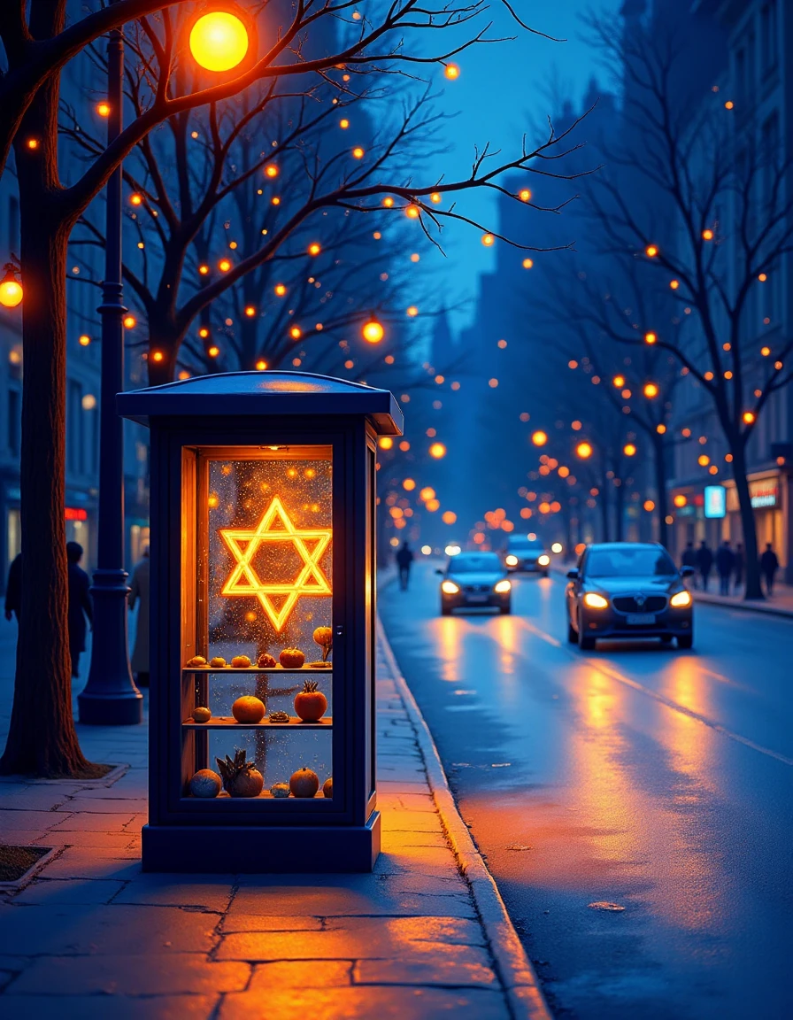 <lora:hanukkahcolors:1> hanukkahcolors, bus stop on a busy street