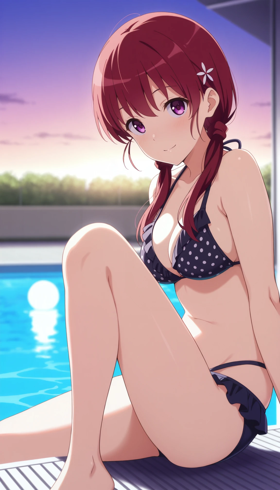 masterpiece,1girl,smile,light smile,,Izumi <lora:IL-Izumi:1> ,red hair,twintails,long hair,purple eyes,hair ornament,low twintails,string bikini, frilled bikini bottom,multi-strapped bikini bottom,polka dot,
looking at viewer, depth of field,poolside,knee up