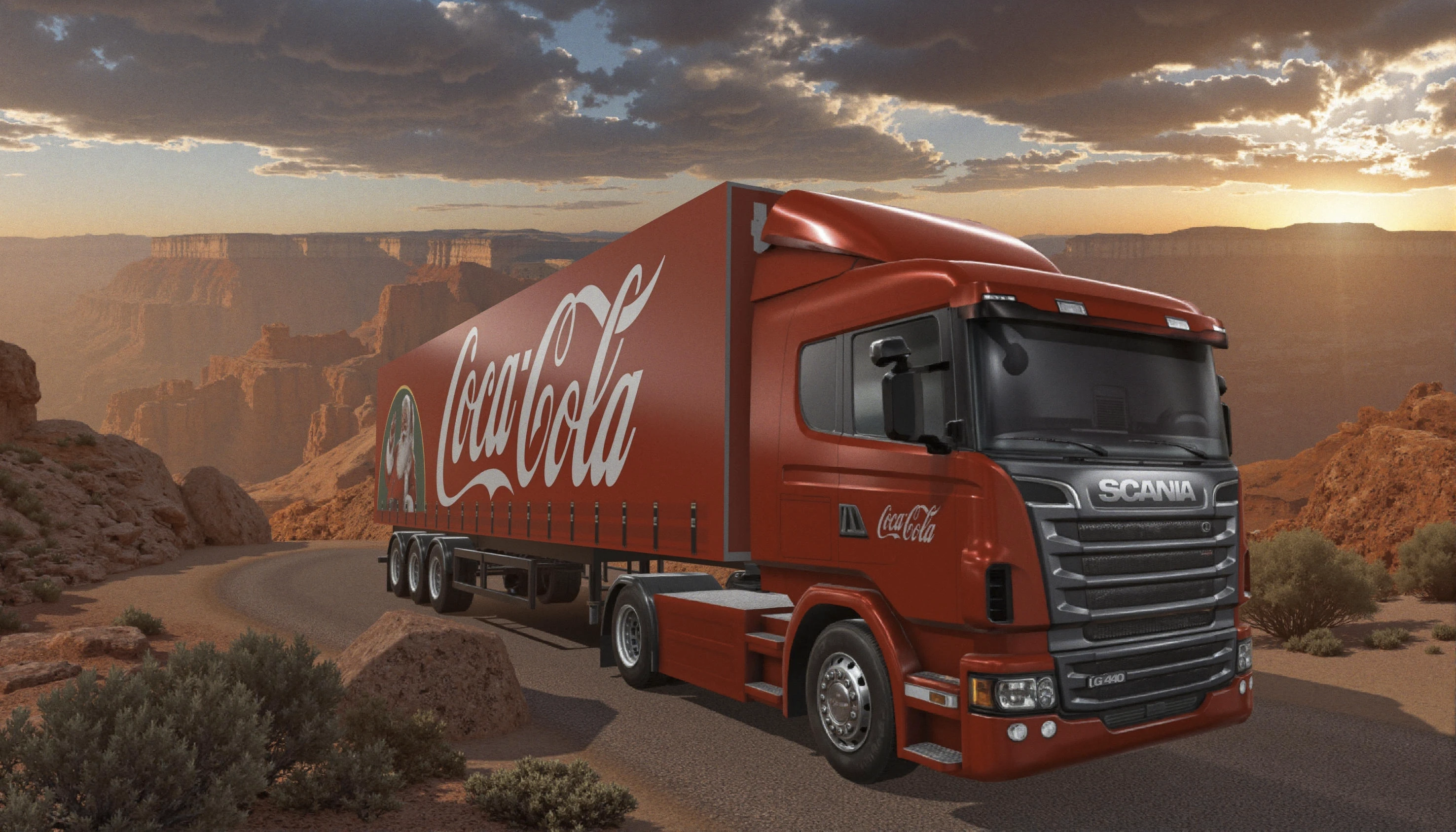 A majestic Scania G440 Coca-Cola truck stands prominently against the breathtaking backdrop of the Grand Canyon at golden hour. The iconic bright red truck with its pristine white Coca-Cola script lettering contrasts dramatically with the layered orange and red sandstone cliffs. The truck is positioned on a scenic overlook point, with the vast canyon stretching endlessly behind it. Sunlight bathes the scene in warm golden tones, creating dramatic shadows across the canyon's ridges and valleys. The truck's chrome details and LED lights gleam brilliantly, while the triple-axle trailer's polished surface reflects the surrounding landscape. Desert vegetation, including scattered juniper trees and desert sage, dots the foreground. The sky features a dramatic arrangement of cirrus clouds painted in sunset hues of orange, pink, and purple. The massive canyon walls display millions of years of geological strata in rich earth tones, creating a natural amphitheater that emphasizes the truck's presence. The composition captures both the monumental scale of the Grand Canyon and the iconic status of the Coca-Cola truck.