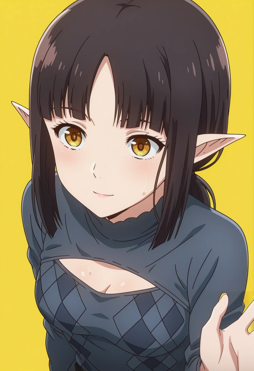 masterpiece, best quality, amazing quality, anime coloring, anime screencap, solo, 1girl,  <lora:DX888KuroIL:1> kuro, pointy ears, yellow eyes, black hair,   brown hair, blonde hair, medium hair, blunt ends, parted bangs, low ponytail,      open-chest sweater, argyle sweater, turtleneck sweater, wet sweater, light smile,   BREAK (simple background:1.2),  yellow  background pastel background,    waving, from above,