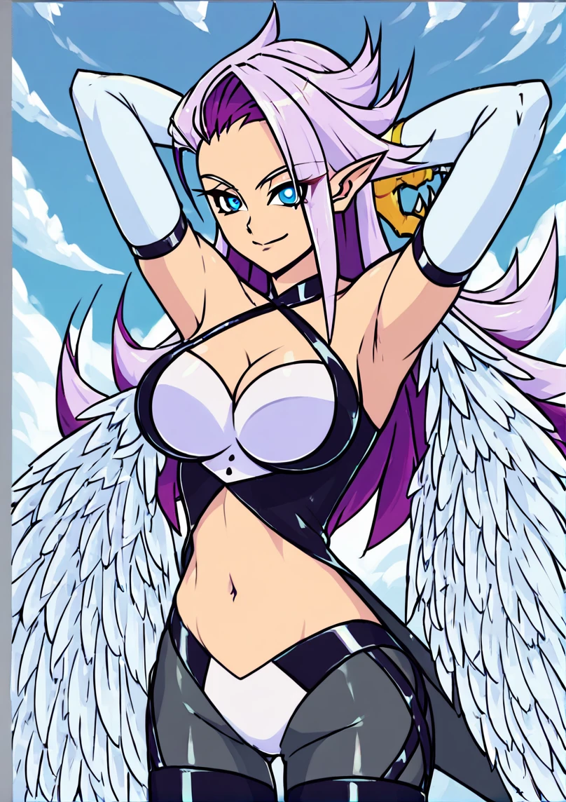 1 woman, solo, long hair, breasts, sideboob, areola, long white hair, white stockings, pink heart-shaped wings, compass rose halo, wings, navel, gloves, bunny ears, diaphragm, magic circle, asymmetrical legwear, angel, angel wings, small pink wing, animal ears, very long hair, blue eyes, pink wings, big breasts, mismatched pants, single shoe, feathered wings, blue eyes, shoes, high socks, crop top pink, cross, white hair, looking at the viewer, smiled, stood up