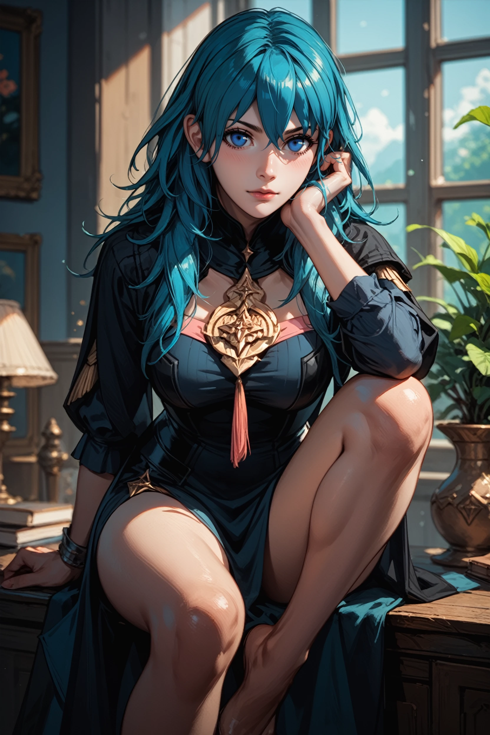 Luna Ranni a woman dressed as a witch , a digital painting, by Yuumei, alphonse mucha and rossdraws, glowing blue, priestess in a conical hat, cgsociety - w 1 0 2 4 - n 8 - i, seraphine ahri kda, commission for, flower goddess, :: rossdraws, yennefer, big breasts, , sexy ,  sexy  smile, smiling, sitting in bedroom in morning clothes, without hat, shirtless, blue skin, beautiful bedrooom, naked, full naked, oily skin blue, naked boobs, naked