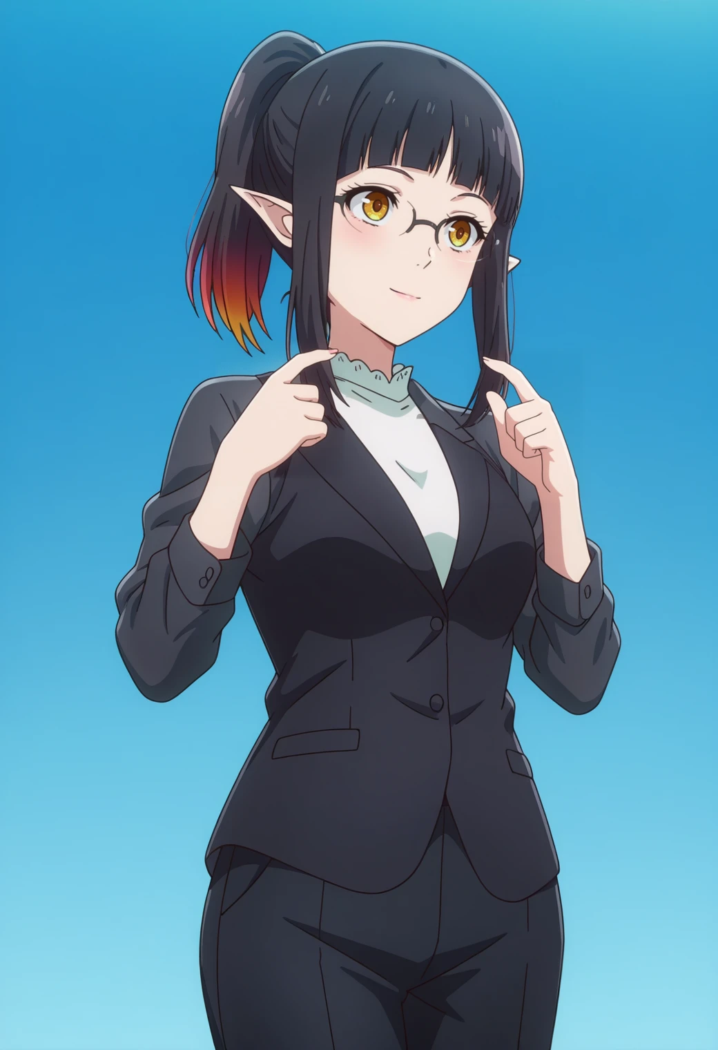 masterpiece, best quality, amazing quality, anime coloring, anime screencap, 1girl,  <lora:DX888KuroIL:1> kuro, pointy ears, yellow eyes, black hair,  rainbow hair, short hair with long locks, straight hair, blunt bangs, high ponytail,     office lady,  white shirt, black pants,  black jacket,  eyeglasses ,  secretary,, light smile,   BREAK (simple background:1.2),  blue background gradient background,    pointing at self, cowboy shot,