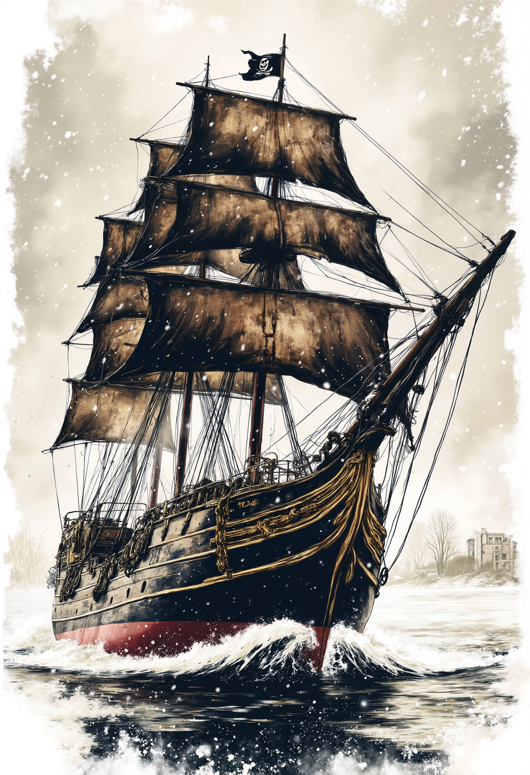 pst010, a badass hyper realistic pirate ship voyaging through icey water through a winter storm going from left to right. Give the pirate ship black sails also like the famous black pearl.