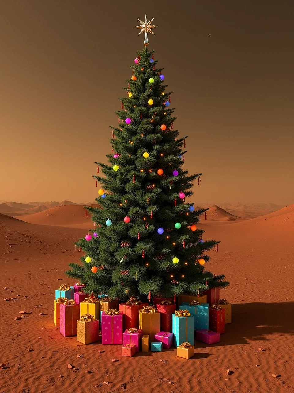 This is a photo taken on the surface of Mars of a tall Christmas tree covered with colorful lights and various Christmas decorations, and a pile of colorful gift boxes under the tree, which is in the middle of a barren Martian desert.
coh24,Christmas tree.