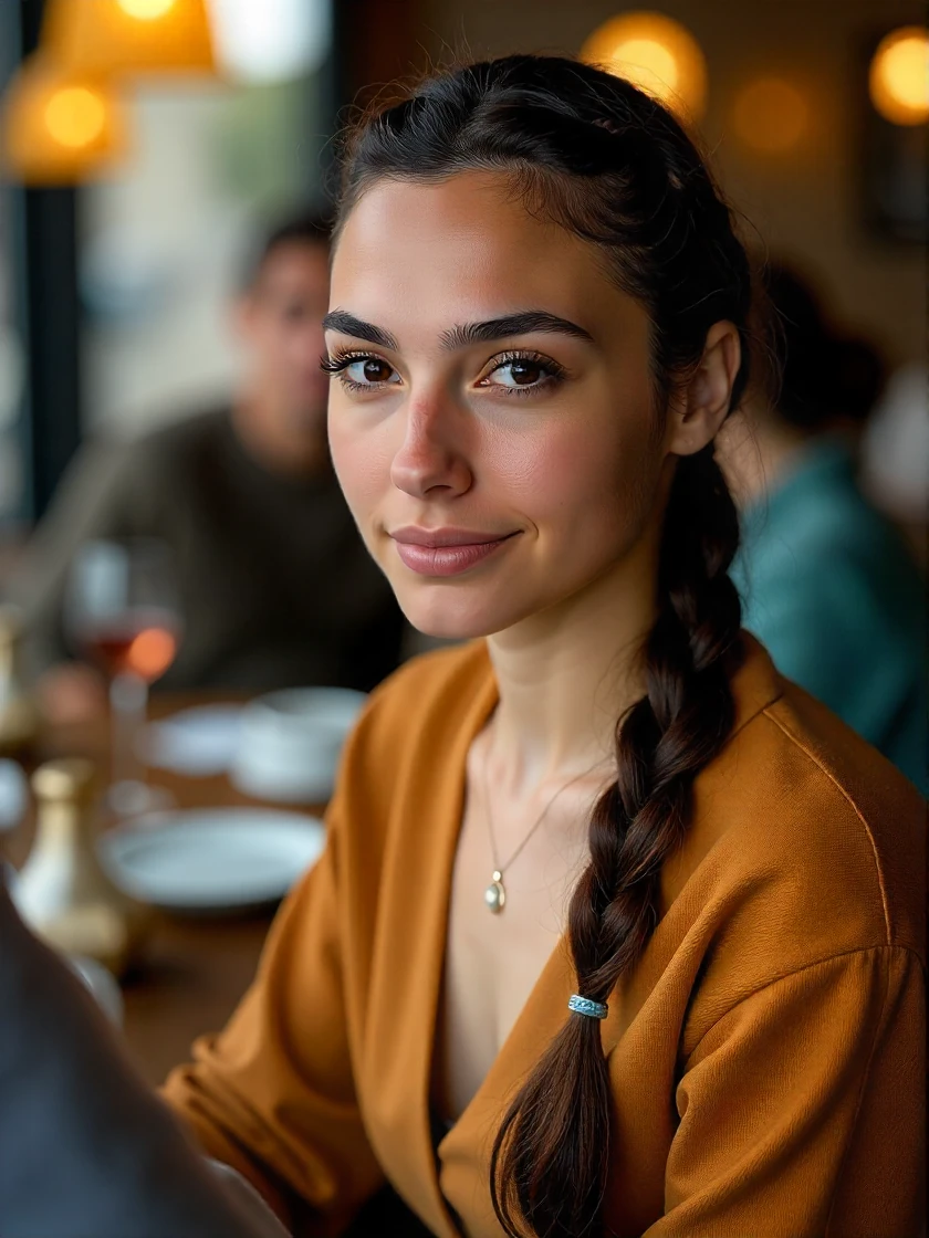 <lora:Gal_Gadot_2008:1> woman, looking directly at the viewer, looking directly at the camera, making eye contact, looking straight ahead, modest clothes, modest apparel, chest covered, modesty <lora:zz_s_Chest_Size_Slider:-2>, extreme close-up, zoomed, focus on face, centered, macro shot, face centered, focus on eyes, elegant French braids, intertwined cascading plait, a realistic photo of woman on a date, restaurant scene, eating and drinking, smiling, with 1man, romantic atmosphere, artificial lighting, 8k resolution, diffused lighting, realistic shadows, detailed skin.