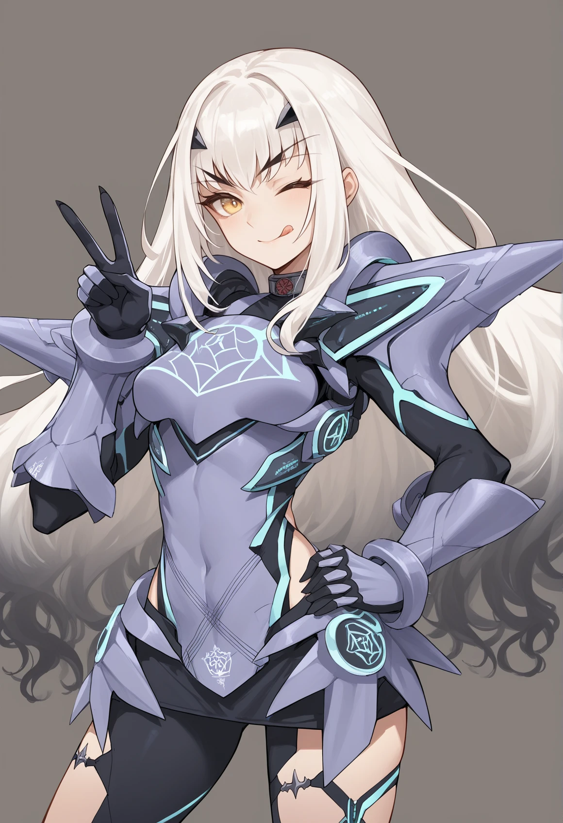 double v, 1girl, solo, forked eyebrows, white hair, long hair, gradient hair, yellow eyes, v-shaped eyebrows, armor, shoulder pads, gauntlets, (v), tongue out, wink, looking at viewer, hand on own hip, victory <lora:Melusine_pony_v3:1>, score_9, score_8_up, score_7_up, score_6_up, score_5_up, score_4_up, BREAK source_anime, masterpiece