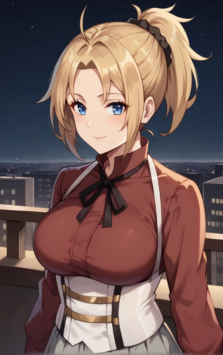 score_9, score_8_up, score_7_up, BREAK
MainOutfit_ZenithGreyrat_ownwaifu, 
1girl, blonde hair, blue eyes, hair pulled back, medium hair, parted bangs, short ponytail, sidelocks, ponytail, large breasts, collarbone, hair scrunchie, antenna hair, high ponytail, 
belt, black ribbon, neck ribbon, red shirt, suspender skirt, turtleneck, underbust, white corset, long sleeves, shirt, skirt, suspenders, collared shirt, grey skirt, pleated skirt, black necktie, long skirt, 
(standing, arm_support), railing, cityscape, night, city, city lights, scenery, starry sky, vanishing point, outdoors, <lora:PONYXL_MushokuTensei_ZenithGreyrat_ownwaifu:0.8> , depth of field, solo,