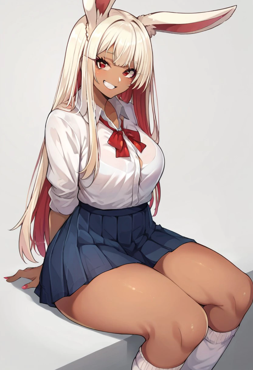 score_9, score_8, score_7, source_anime, gyaru rabbit girl, red eyes, white shirt, pleated skirt, school uniform, thick thighs, smile, socks, long hair, sitting, white socks