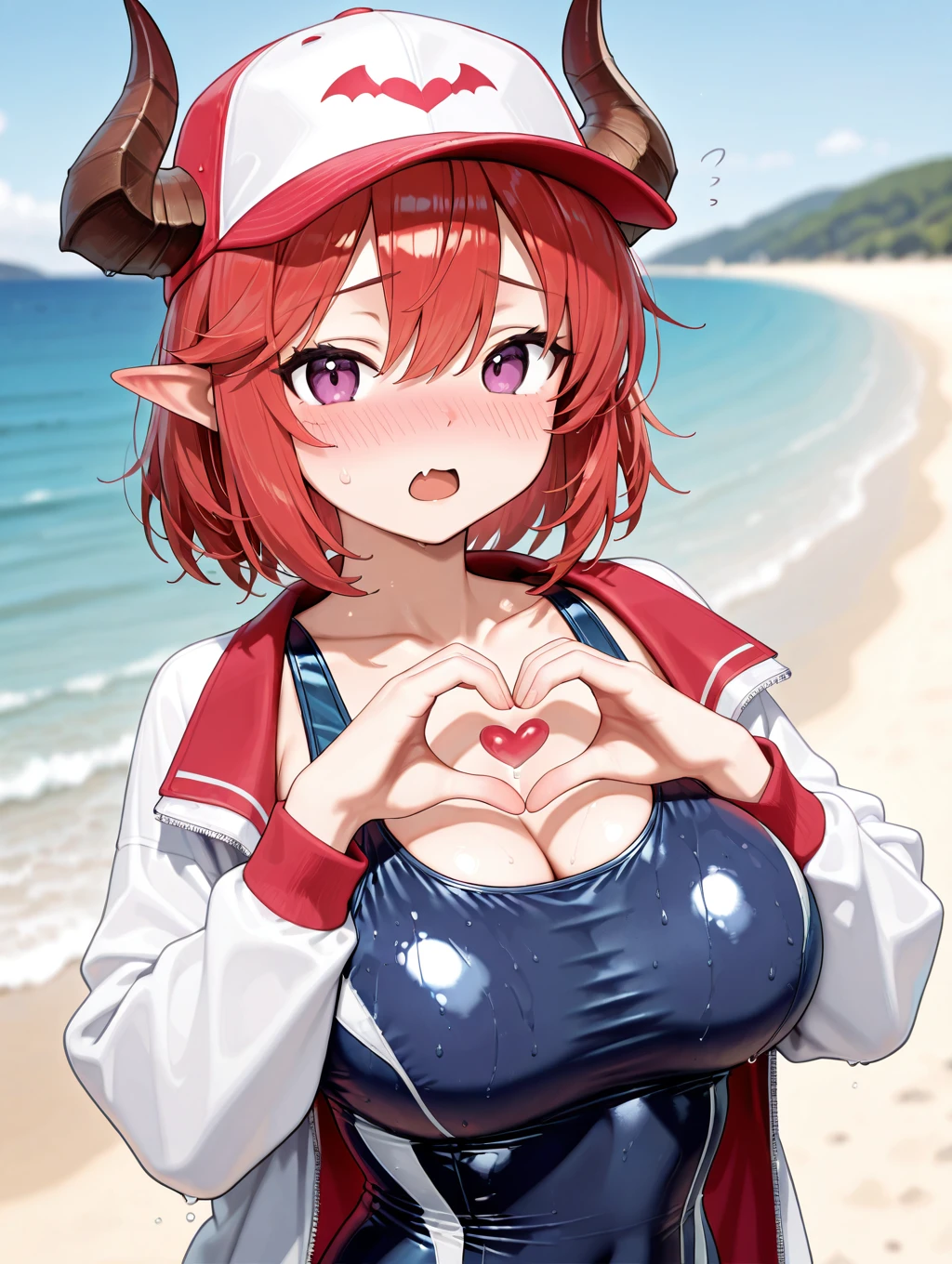 yuze, 1girl, solo, looking at viewer, blush, open mouth, large breasts, long sleeves, hat, cleavage, hair between eyes, medium breasts, purple eyes, collarbone, jacket, swimsuit, upper body, heart, red hair, outdoors, open clothes, horns, brown horns, sky, day, pointy ears, fang, blurry, open jacket, one-piece swimsuit, depth of field, blurry background, nose blush, ocean, beach, school swimsuit, white jacket, demon girl, baseball cap, blue one-piece swimsuit, heart hands, horns through headwear



masterpiece, best quality,amazing quality, very aesthetic, absurdres, depth of field, blurry background, extremely detailed face, detailed eyes