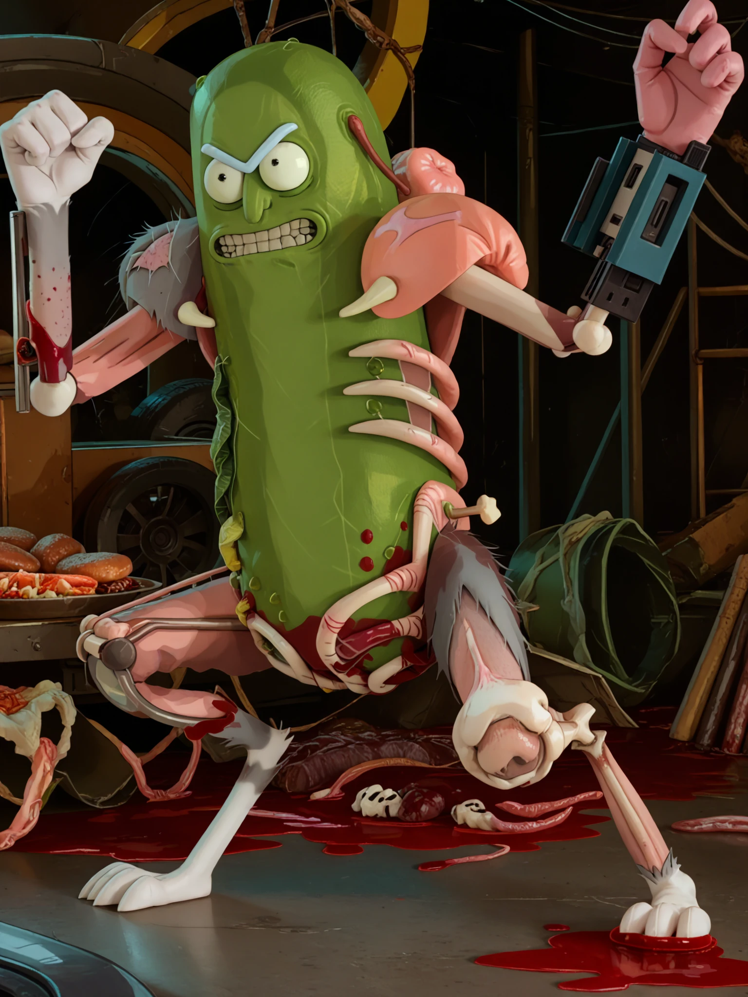 score_9, score_8_up, score_7_up, score_6_up, <lora:SkinRealityOrg_ponyv6_loraplus:1> real skin, realistic
 <lora:Pickle_Rick_-_Rick_and_Morty:1> picklerick, 1boy, anthro, pickle, unibrow, teeth, mecha pilot suit, bone, meat, blood, action pose , holding weapon,