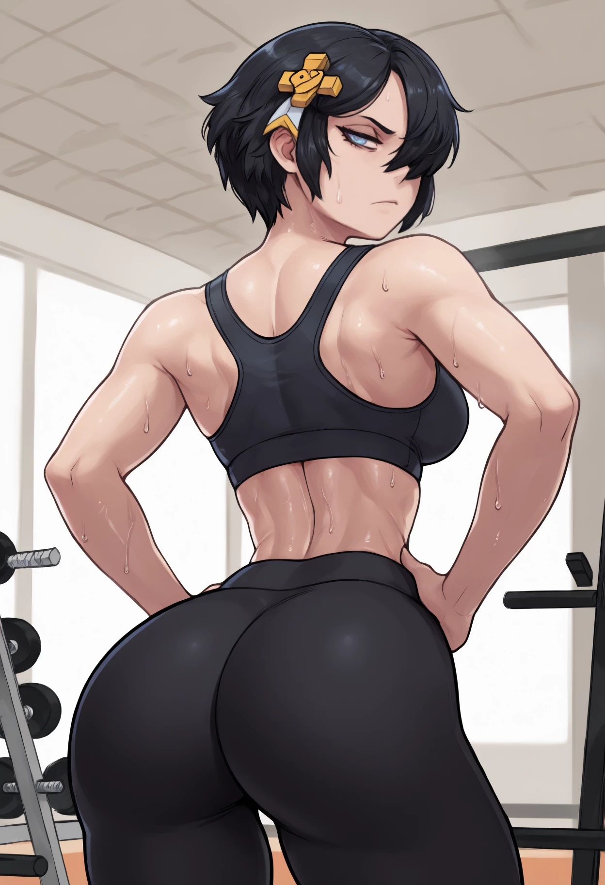 masterpiece, best quality, from behind, solo, 1girl, htagl, sweat, unamused, looking back, hands on own hips, short hair, black hair, hair over one eye, hair ornament, blue eyes, black sports bra, black pants, yoga pants, tight pants, ass, indoors, gym, weights
<segment:yolo-Anzhc Face seg 640 v2 y8n.pt,0.4,0.5//cid=1>