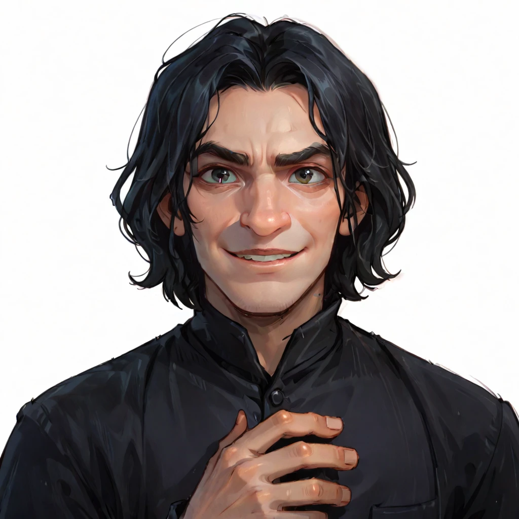 solo, looking at viewer, smile, simple background, shirt, black hair, 1boy, white background, holding, upper body, male focus, parted lips, black shirt, severus_snape,score_9, score_8_up,disney style