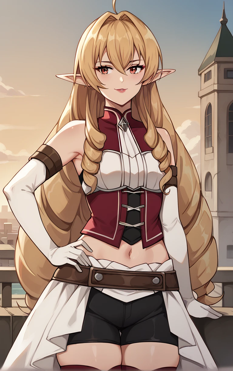 score_9, score_8_up, score_7_up, BREAK 
MainOutfit_ElinaliseDragonroad_ownwaifu, 
1girl, big hair, blonde hair, breasts, drill hair, elf, hair between eyes, long hair, makeup, pointy ears, red eyes, red lips, bangs, hair intakes, medium breasts, braid, lipstick, 
black shorts, brown belt, detached sleeves, open skirt, red corset, red pantyhose, sleeveless turtleneck, thigh boots, turtleneck, white skirt, bare shoulders, midriff, navel, shorts, armor, gloves, thighhighs, short shorts, bike shorts, pantyhose, red thighhighs, sleeveless, white dress, belt, elbow gloves, long sleeves, skirt, white shirt, 
(contrapposto, hand on hip), sunset, sidelighting, cityscape, vanishing point, outdoors, <lora:PONYXL_MushokuTensei_ElinaliseDragonroad_ownwaifu:1> , depth of field, solo,