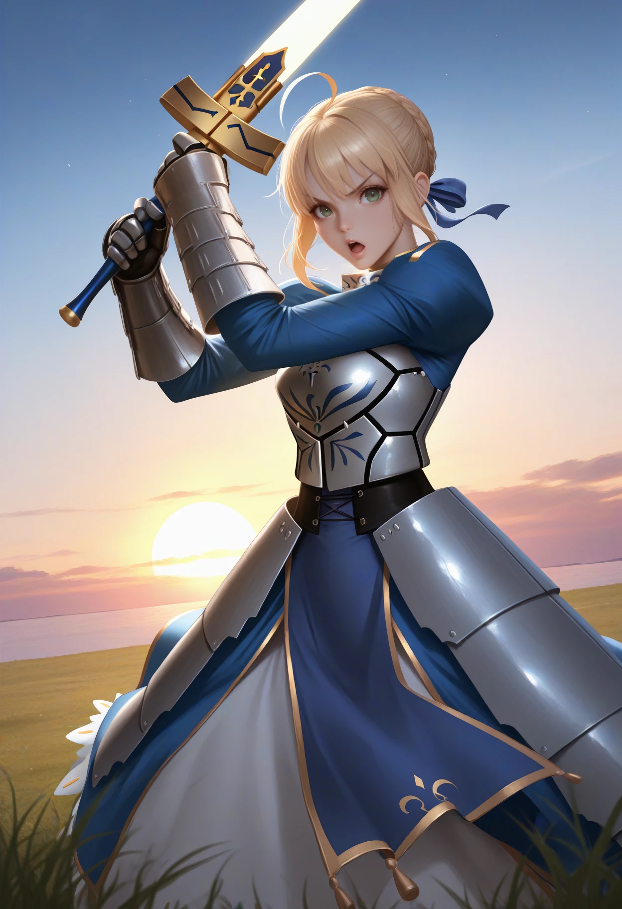 masterpiece, best quality, realistic, solo, 1girl, sbrdef, :o, looking at viewer, holding sword, excalibur \(fate/stay night\), swinging, attack, blonde hair, ahoge, sidelocks, french braid, braided bun, single hair bun, hair ribbon, blue ribbon, green eyes, v-shaped eyebrows, armor, blue dress, armored dress, breastplate, juliet sleeves, gauntlets, faulds, outdoors, sunset, horizon, cloud, grass
<segment:yolo-Anzhc Face seg 640 v2 y8n.pt,0.4,0.5//cid=1>