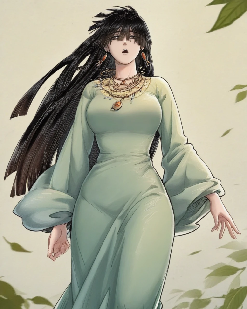 masterpiece:1.6, best quality:1.4, real picture:1.2, intricate details:1.2, charturnerv2:1.2, full body character turnaround of 1lady, Appearance: milf:1.25, slender:1.3, green eyes, medium breasts, flat chest, sharp eyes, cleavage, curvy Clothing: green maxi dress, Accessories: golden ring, simple hoop earrings, shell necklace, hair bow, hair ornament, Hair: long black hair, messy hair, Makeup: natural, glowing skin, (simple background, white background:1.3), multiple views, Multiple views of the same character in the same outfit:1.3.