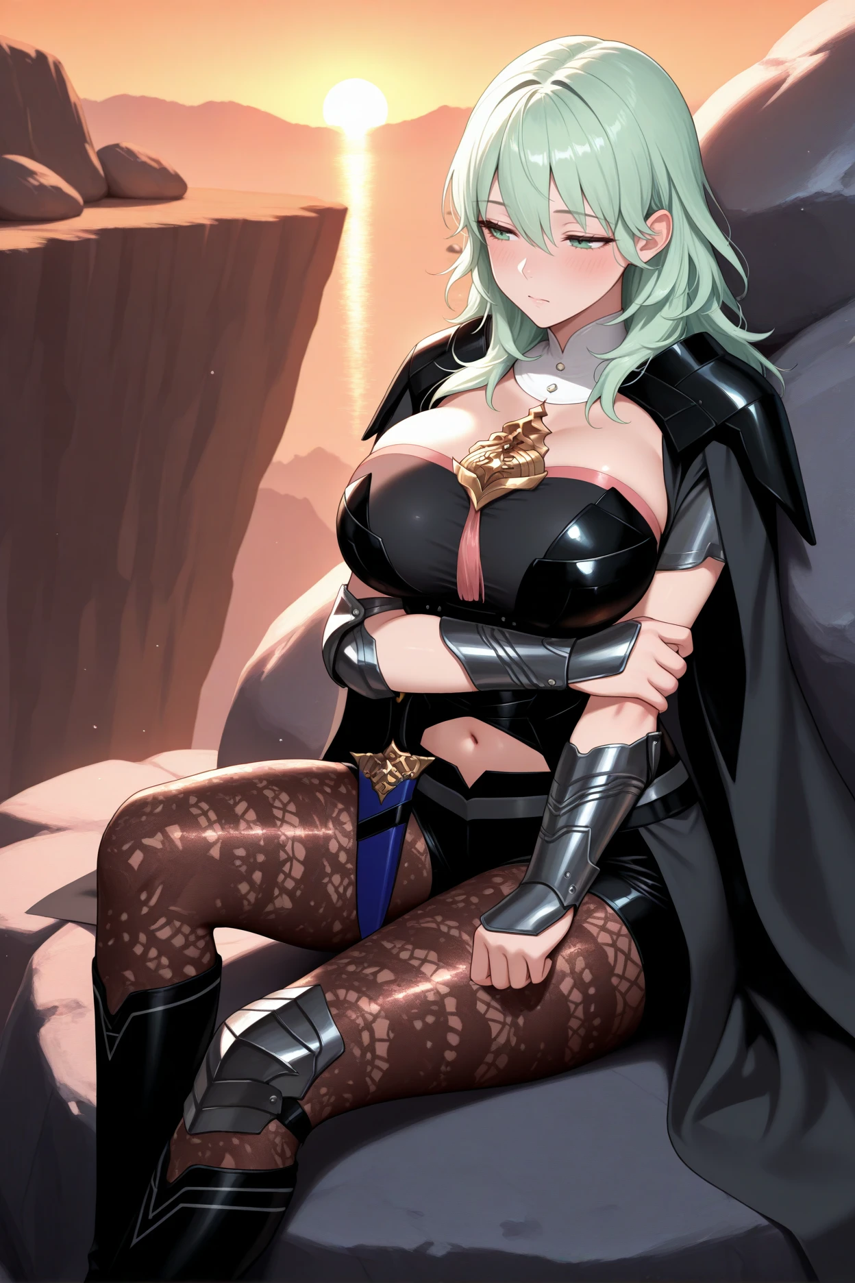 masterpiece, best quality, 1girl, solo, <lora:febyleth-illu-nvwls-v1-000006:1> dfblth, light green hair, green eyes, long hair, hair between eyes, black cape, black armor, shoulder armor, black bustier, detached collar, pendant, tassel, navel cutout, black shorts, short shorts, sheathed dagger, waist cape, armlet, vambraces, patterned pantyhose, single knee pad, black boots, big breasts, sunset, cliff, wide shot, distant, sitting on ground, holding own arm, half-closed eyes, tired, blush, rock formation, boulder