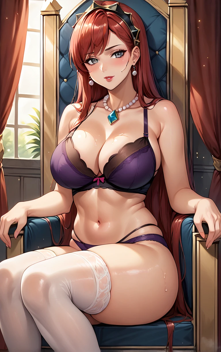 score_9, score_8_up, score_7_up, BREAK 
Underwear_HildaBoreasGreyrat_ownwaifu, 
1girl, bare shoulders, earrings, grey eyes, hair behind ear, jewelry, large breasts, long hair, makeup, mature female, pearl necklace, red hair, underwear, bra, cleavage, lipstick, purple panties, pussy juice stain, stained panties, thighs, wet clothes, wet panties, white panties, white thighhighs
(sitting on throne, sitting, throne), throne room, straight-on, curtains, light particles, bokeh, loaded interior, indoors, <lora:PONYXL_MushokuTensei_HildaBoreasGreyrat_ownwaifu:0.75>, solo,