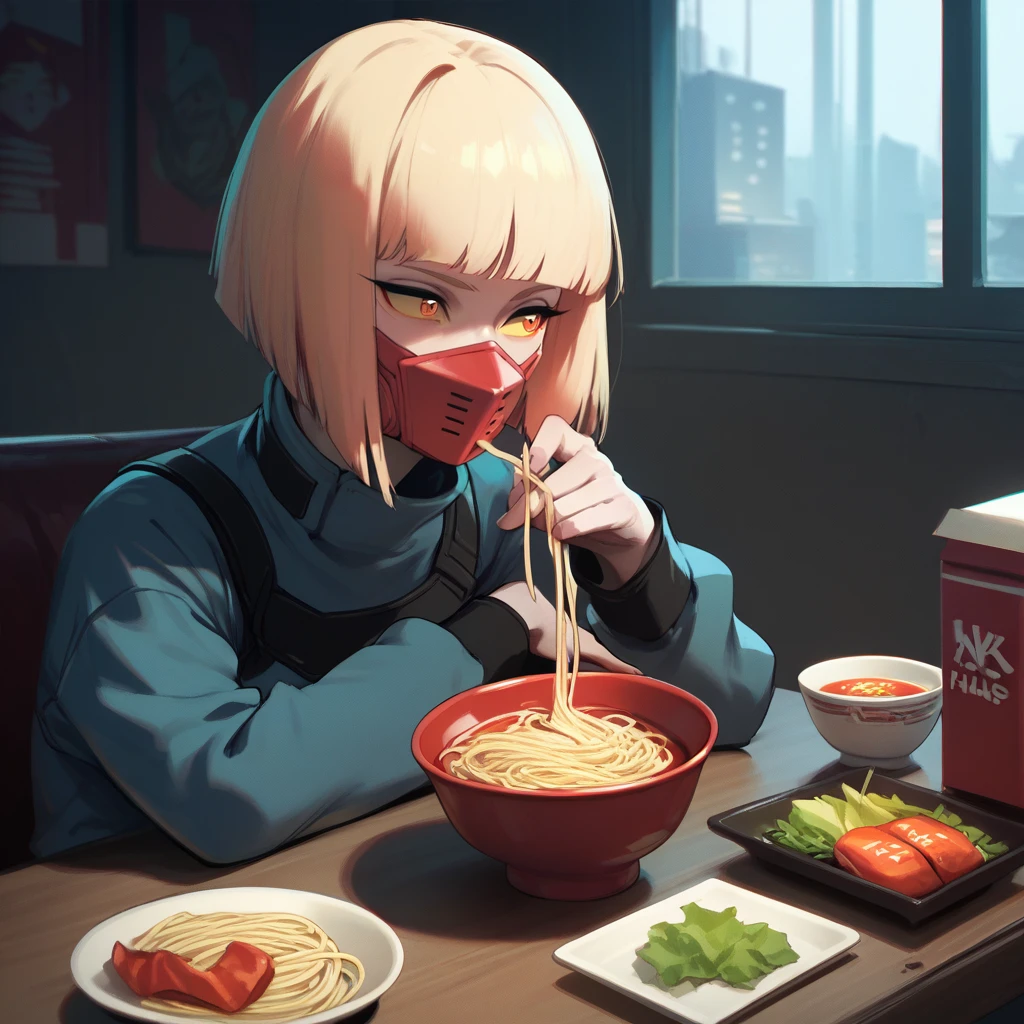 1girl, solo, indoors, sitting, table, eating ramen, noodles through mask, cpkiwi, cyberpunk, blonde hair, bob cut, blunt bangs, yellow sclera, high collar, long sleeves, red pupils, mouth mask <lora:CPER_Kiwi-PONY:0.8>, score_8_up, score_7_up, score_6_up, score_5_up