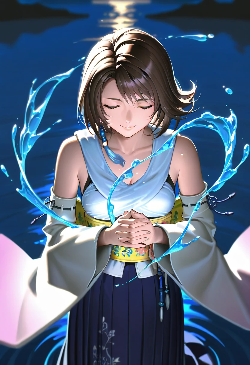 masterpiece, best quality, newest, absurdres, highres, <lora:YunaFFXIllustrious:0.9>,  FFXYNDF, brown hair,  japanese clothes, detached sleeves, wide sleeves,  hakama skirt, jewelry, smile, own hands clasped, flowing clothes, water, magic, closed eyes,  lake, night, 1girl, solo,